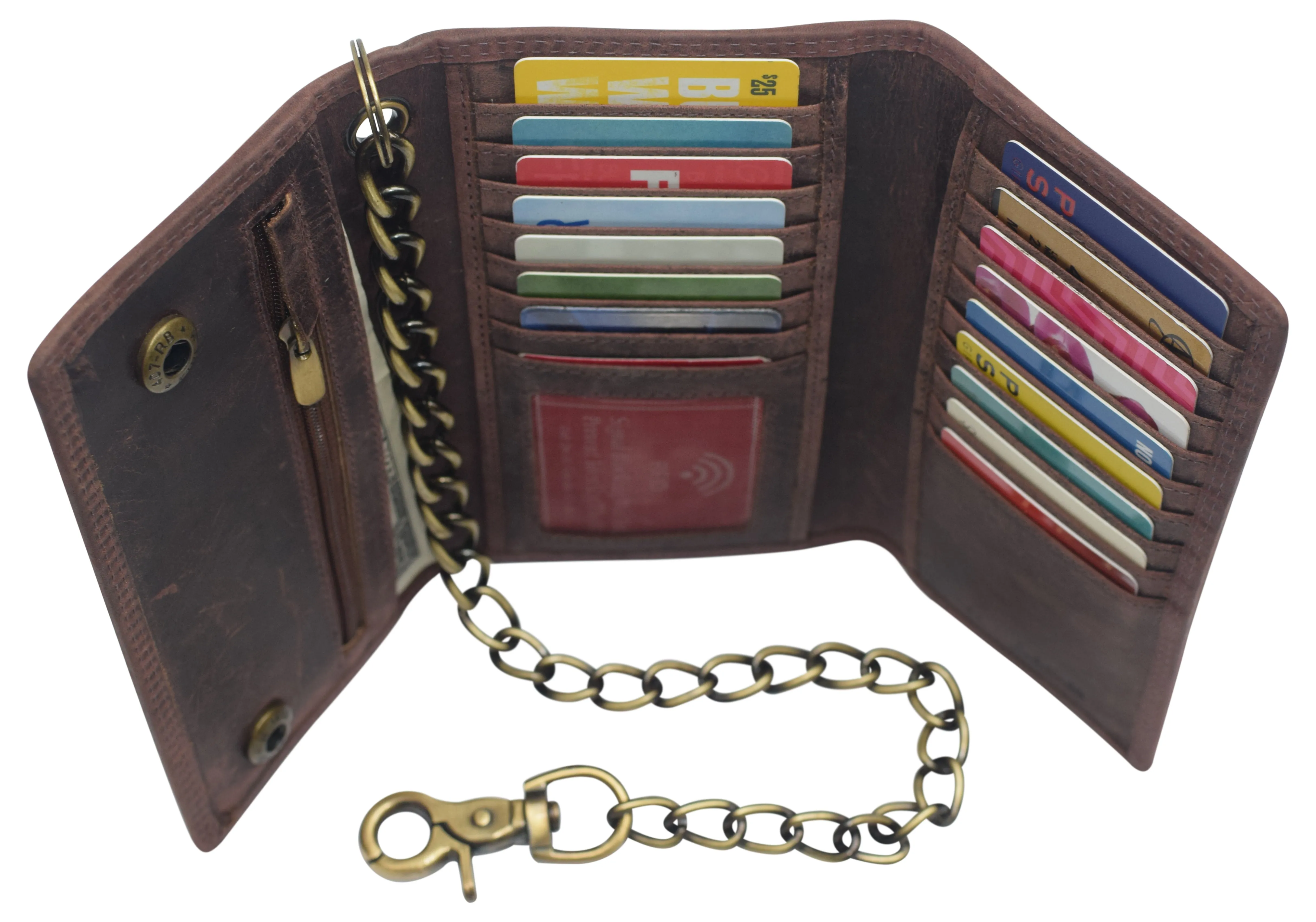 RFID Blocking Men's Biker Vintage Brown Genuine Leather Long Tri-fold Chain Wallet RFID1646HCH