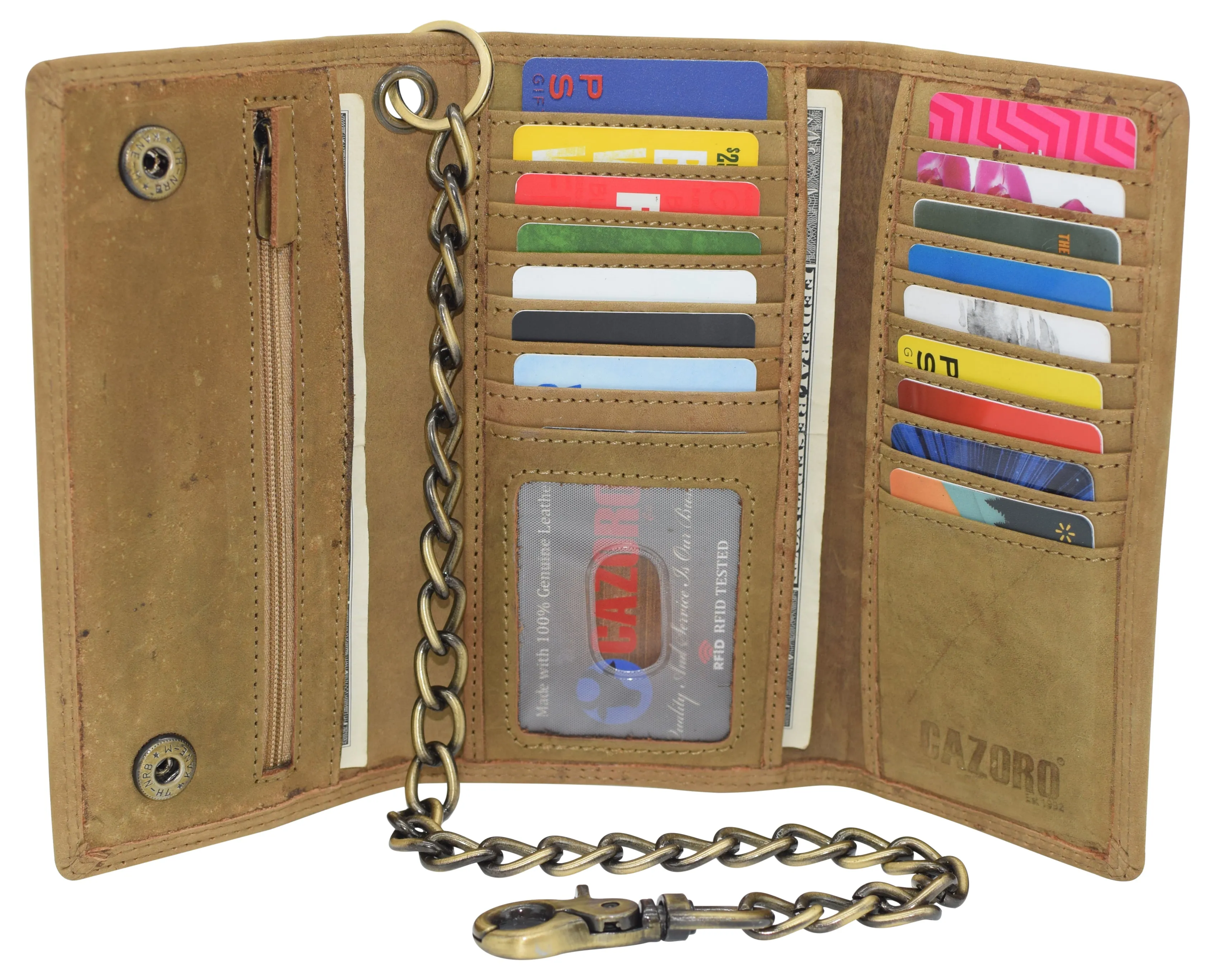 RFID Blocking Men's Biker Vintage Brown Genuine Leather Long Tri-fold Chain Wallet RFID1646HCH