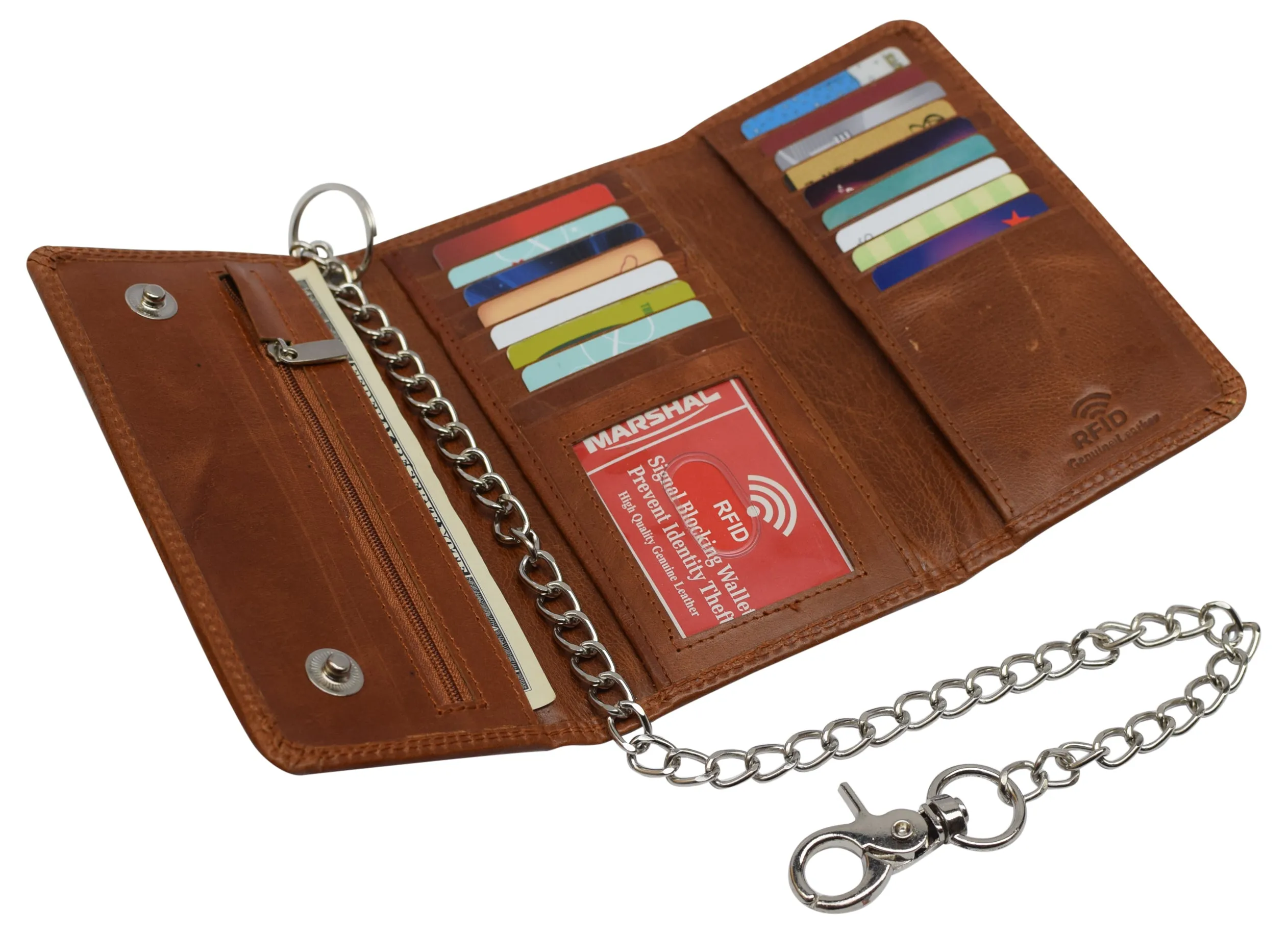 RFID Blocking Men's Biker Vintage Brown Genuine Leather Long Tri-fold Chain Wallet RFID1646HCH