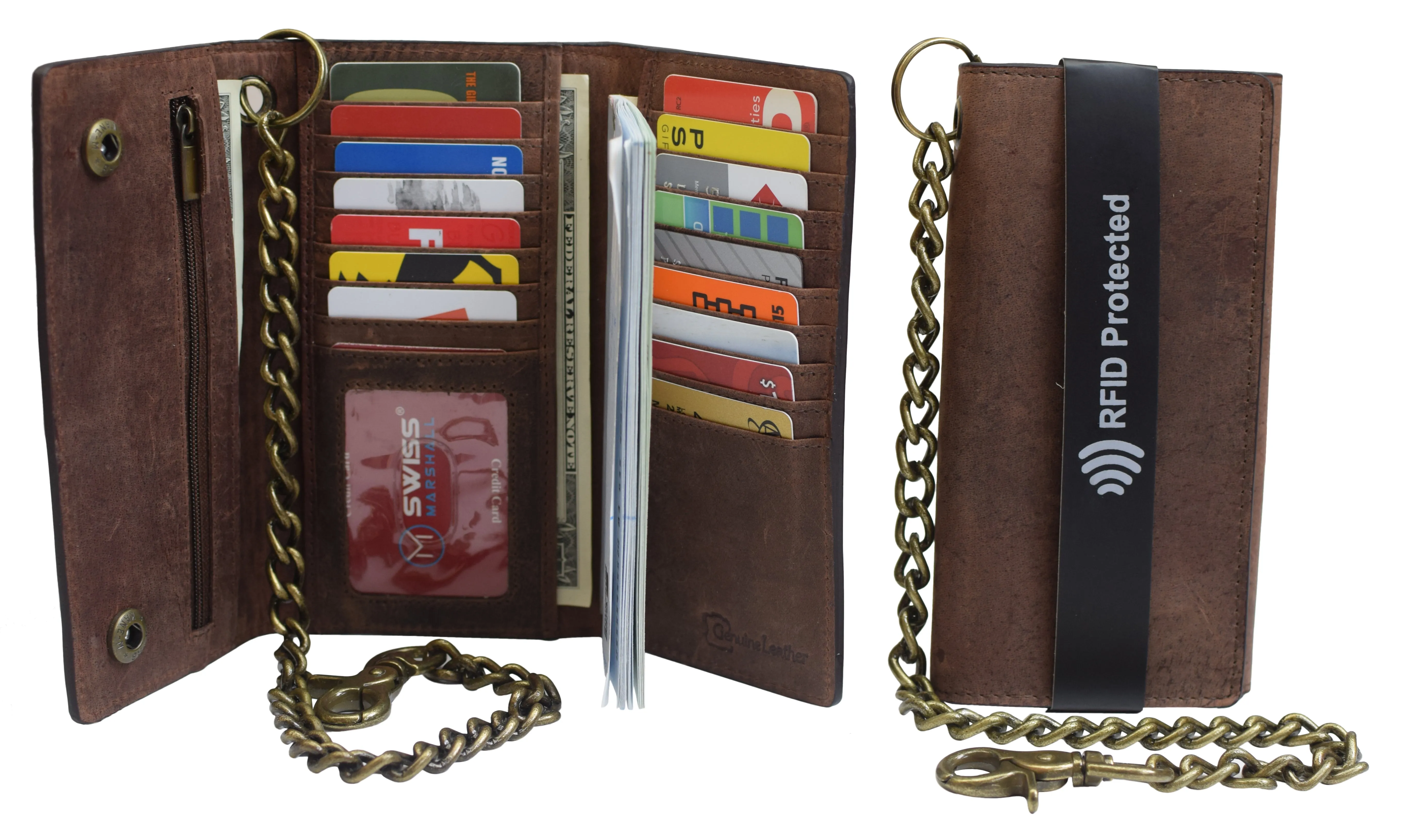 RFID Blocking Men's Biker Vintage Brown Genuine Leather Long Tri-fold Chain Wallet RFID1646HCH