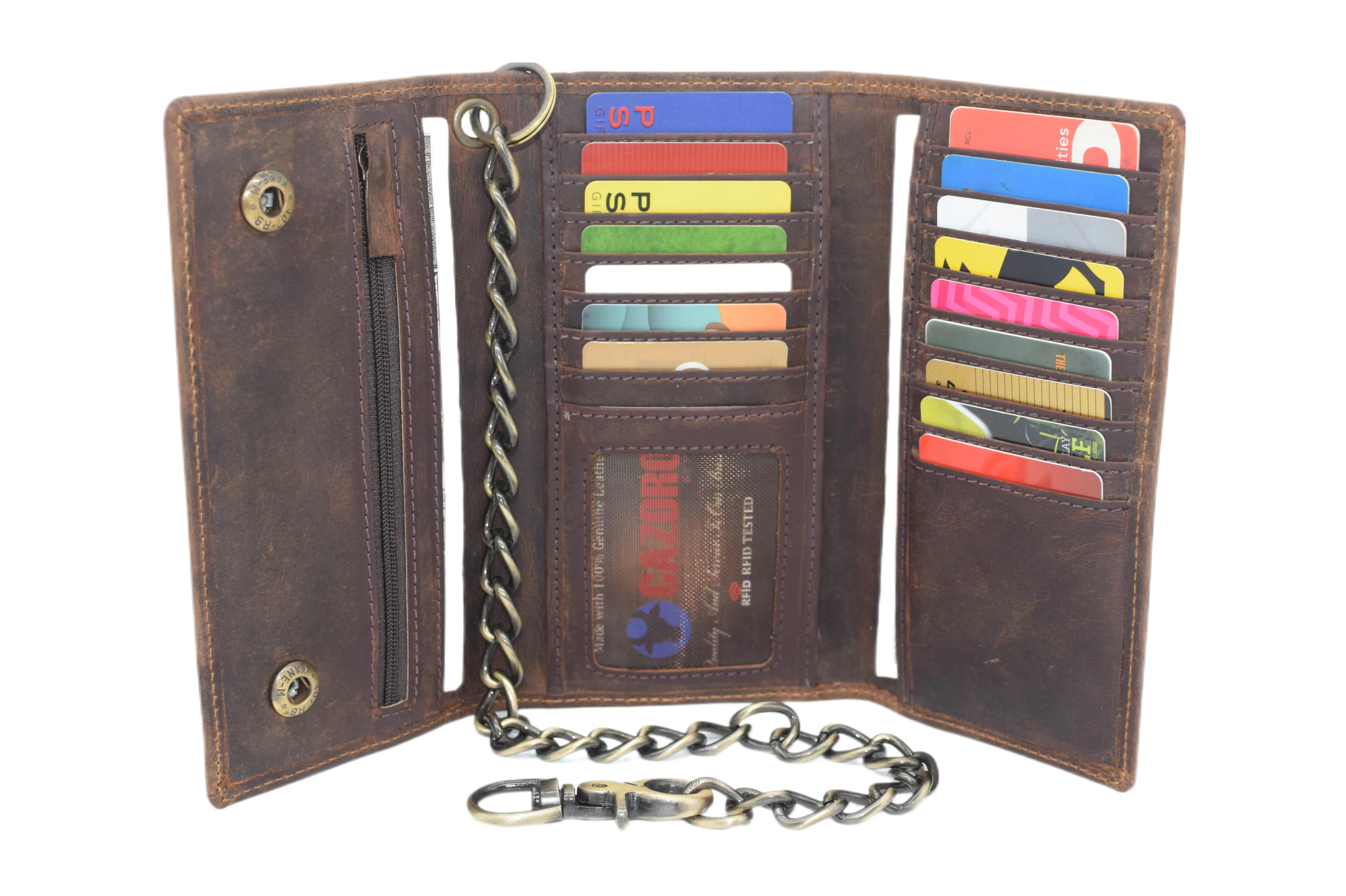 RFID Blocking Men's Biker Vintage Brown Genuine Leather Long Tri-fold Chain Wallet RFID1646HCH