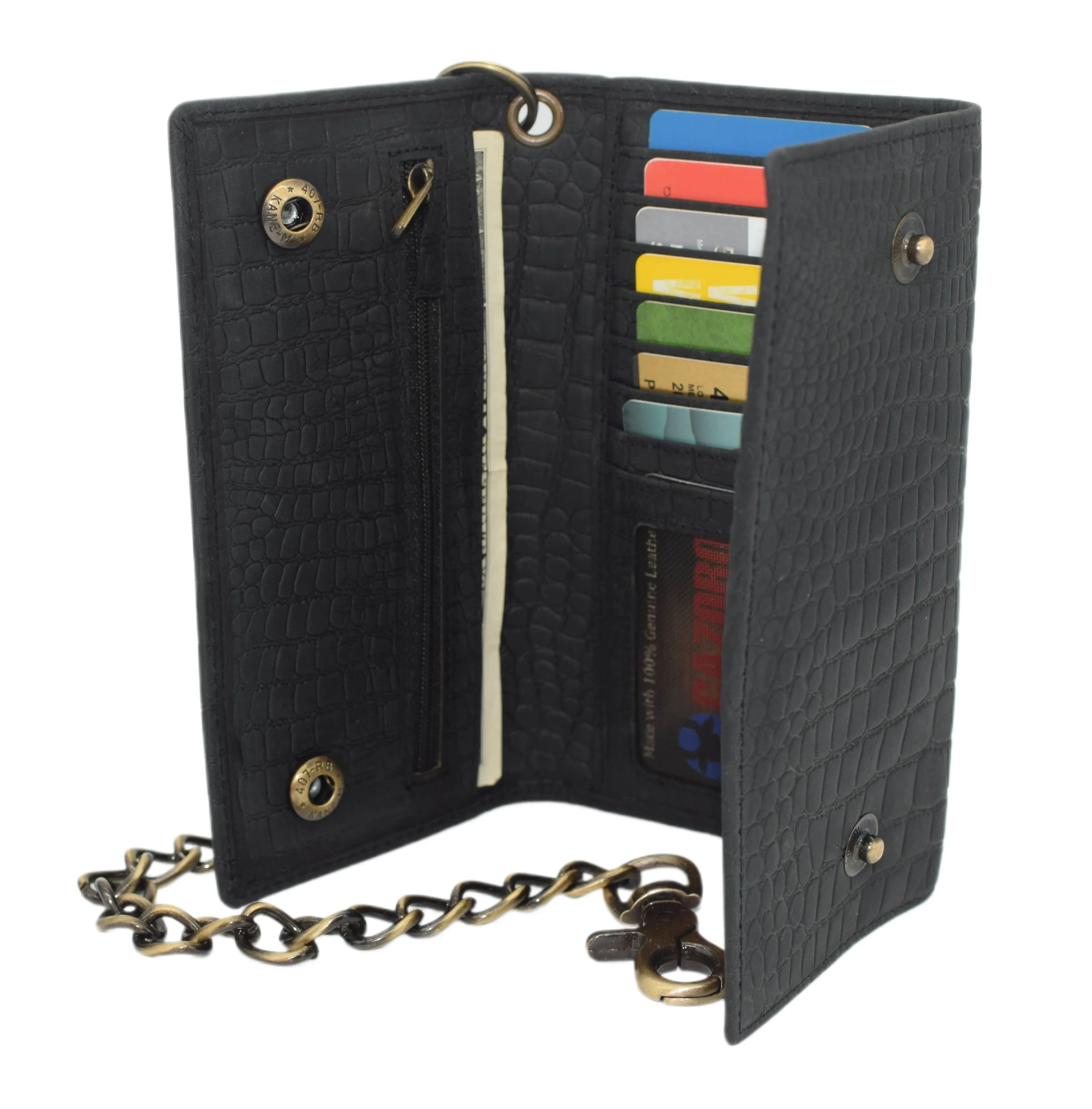RFID Blocking Men's Biker Vintage Brown Genuine Leather Long Tri-fold Chain Wallet RFID1646HCH