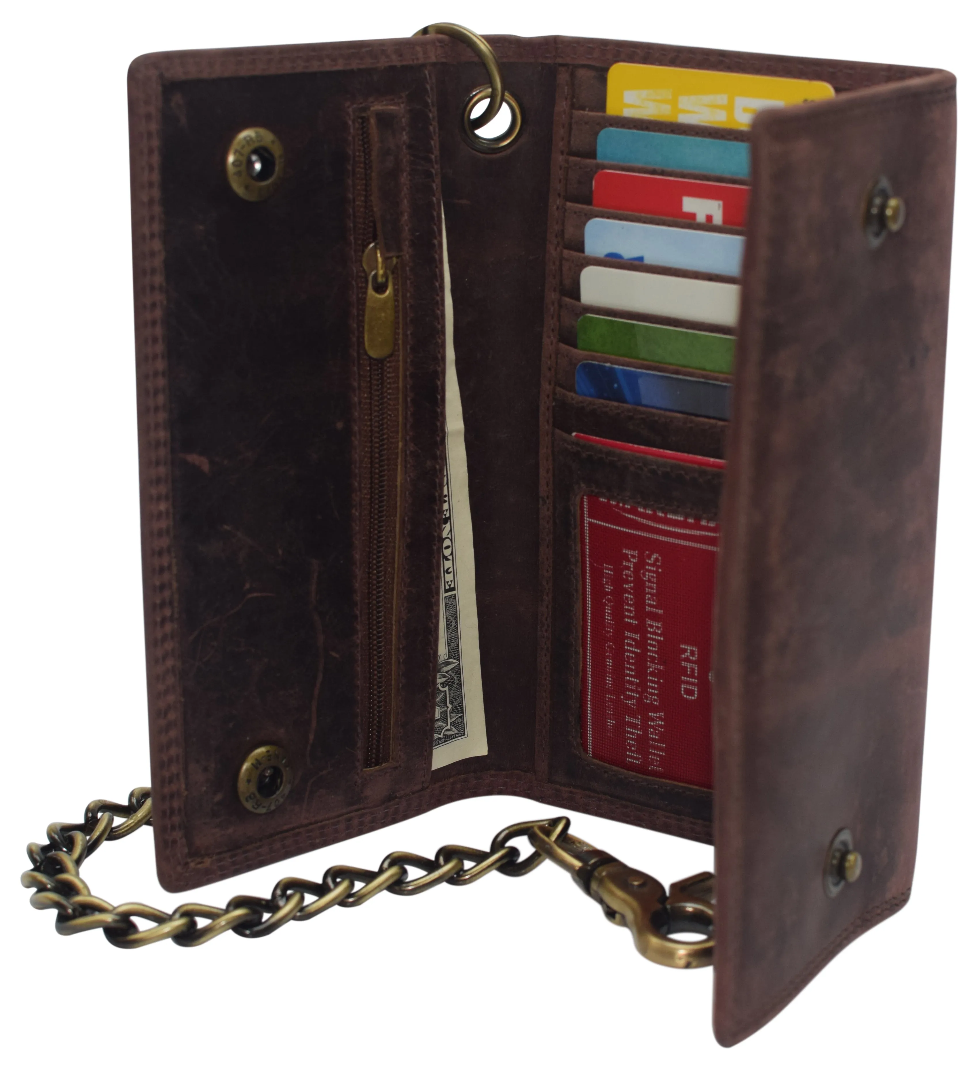 RFID Blocking Men's Biker Vintage Brown Genuine Leather Long Tri-fold Chain Wallet RFID1646HCH