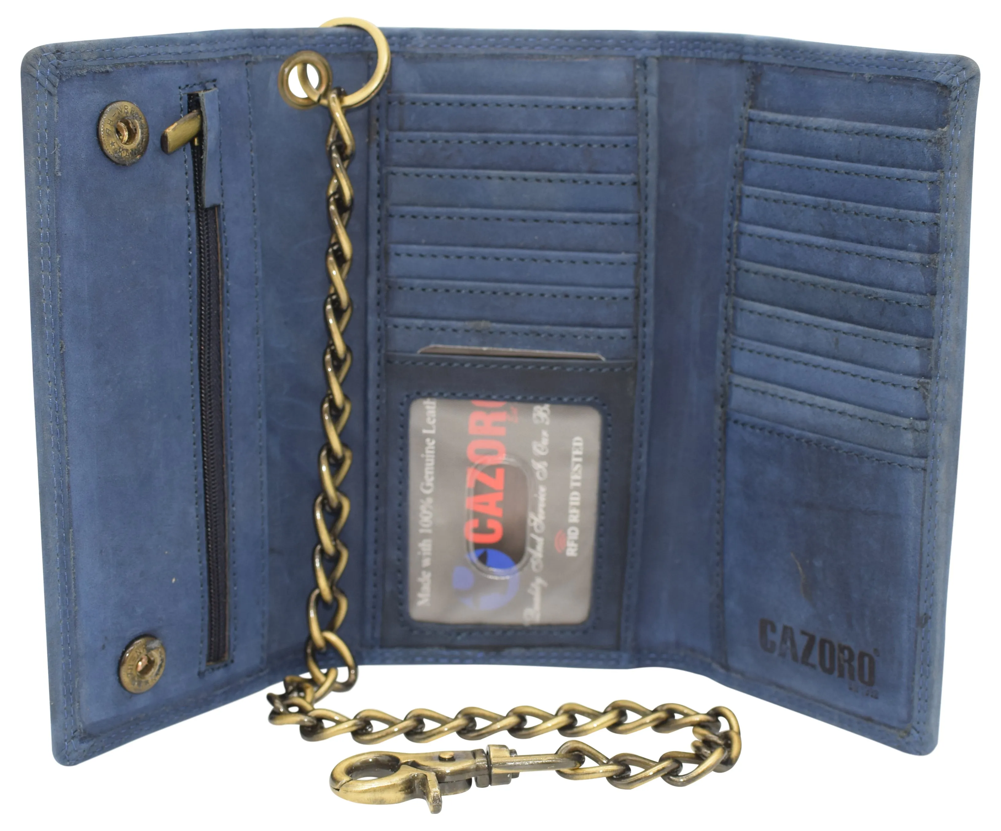 RFID Blocking Men's Biker Vintage Brown Genuine Leather Long Tri-fold Chain Wallet RFID1646HCH