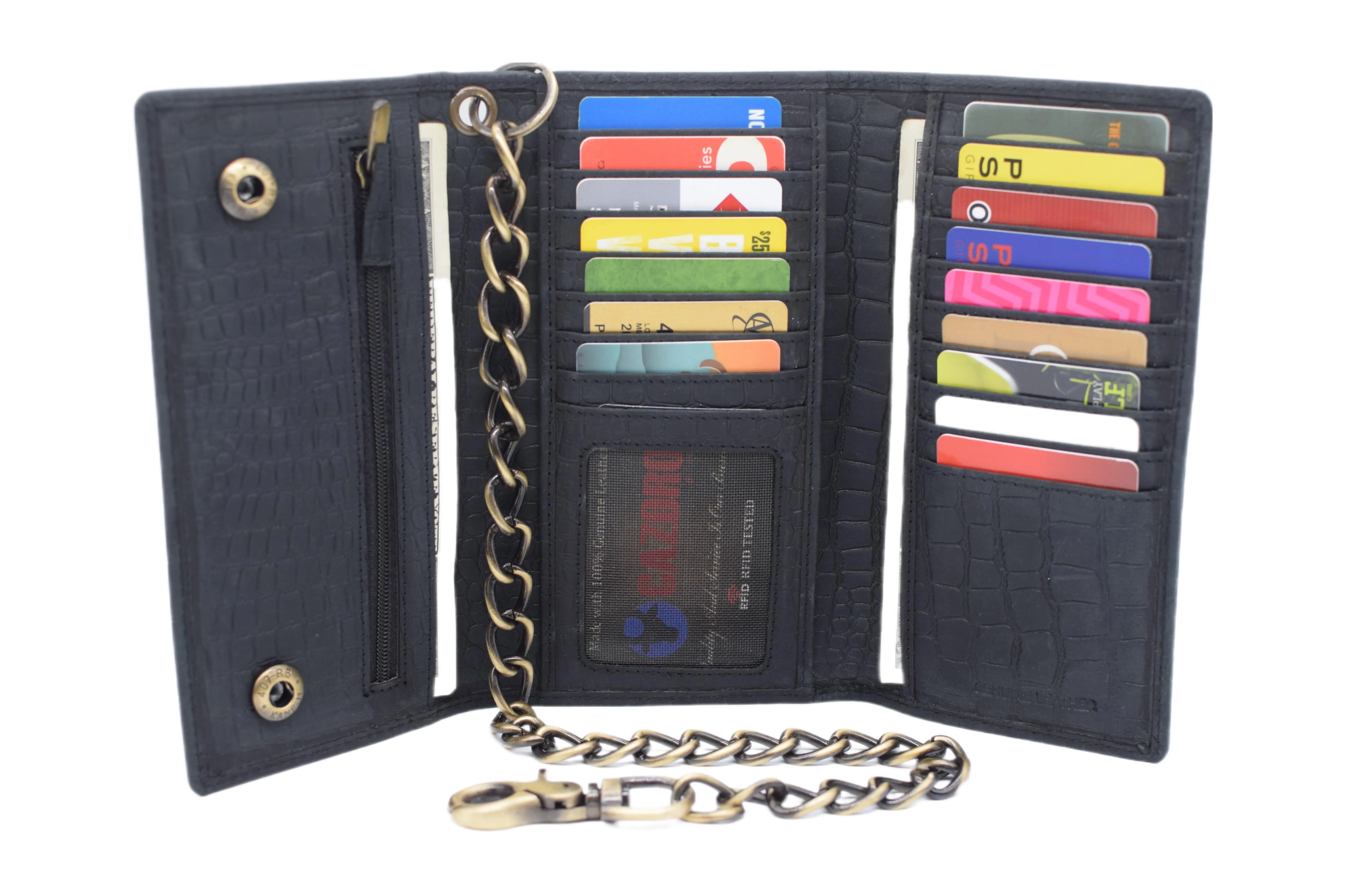 RFID Blocking Men's Biker Vintage Brown Genuine Leather Long Tri-fold Chain Wallet RFID1646HCH