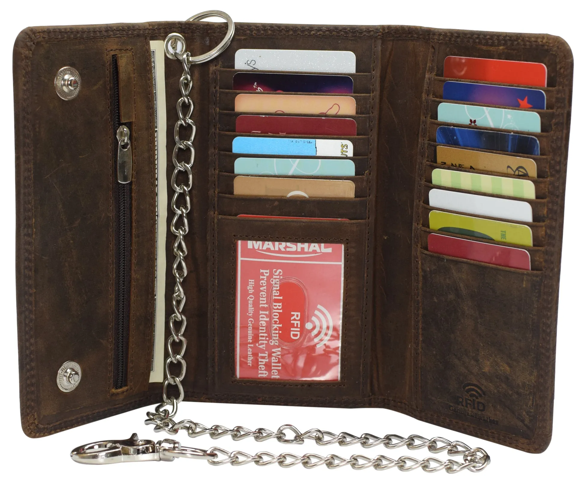 RFID Blocking Men's Biker Vintage Brown Genuine Leather Long Tri-fold Chain Wallet RFID1646HCH