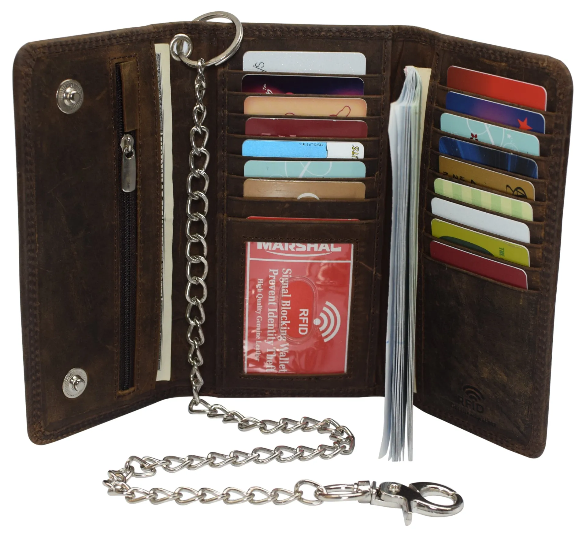 RFID Blocking Men's Biker Vintage Brown Genuine Leather Long Tri-fold Chain Wallet RFID1646HCH