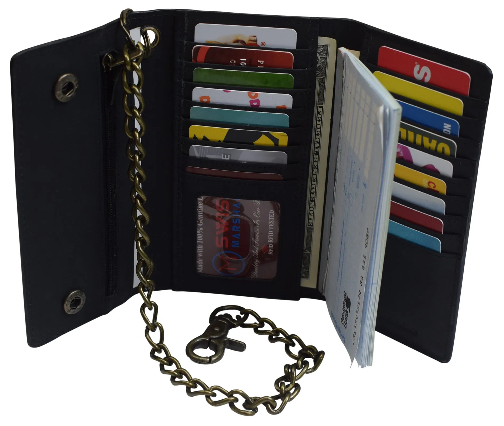 RFID Blocking Men's Biker Vintage Brown Genuine Leather Long Tri-fold Chain Wallet RFID1646HCH