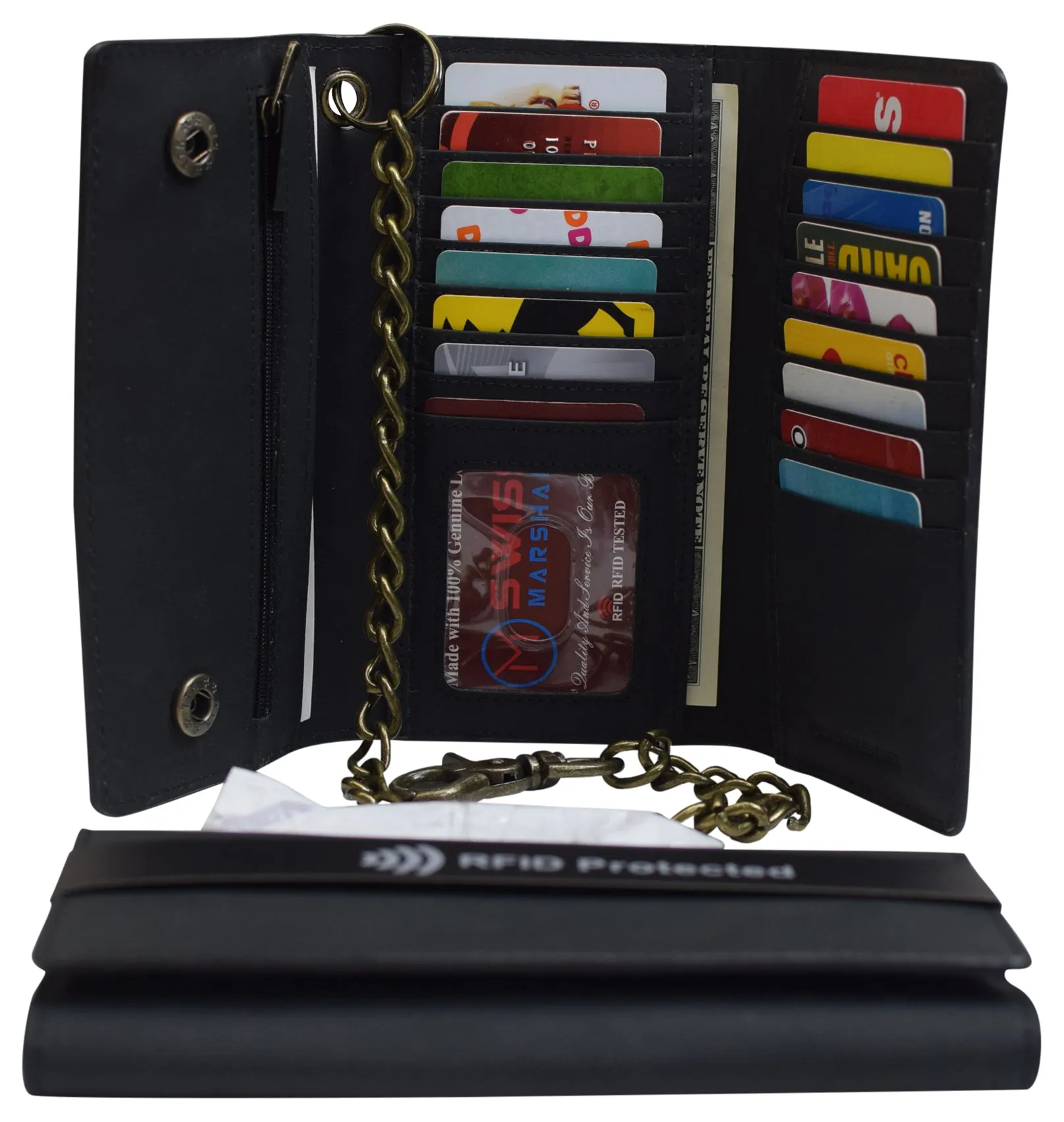 RFID Blocking Men's Biker Vintage Brown Genuine Leather Long Tri-fold Chain Wallet RFID1646HCH