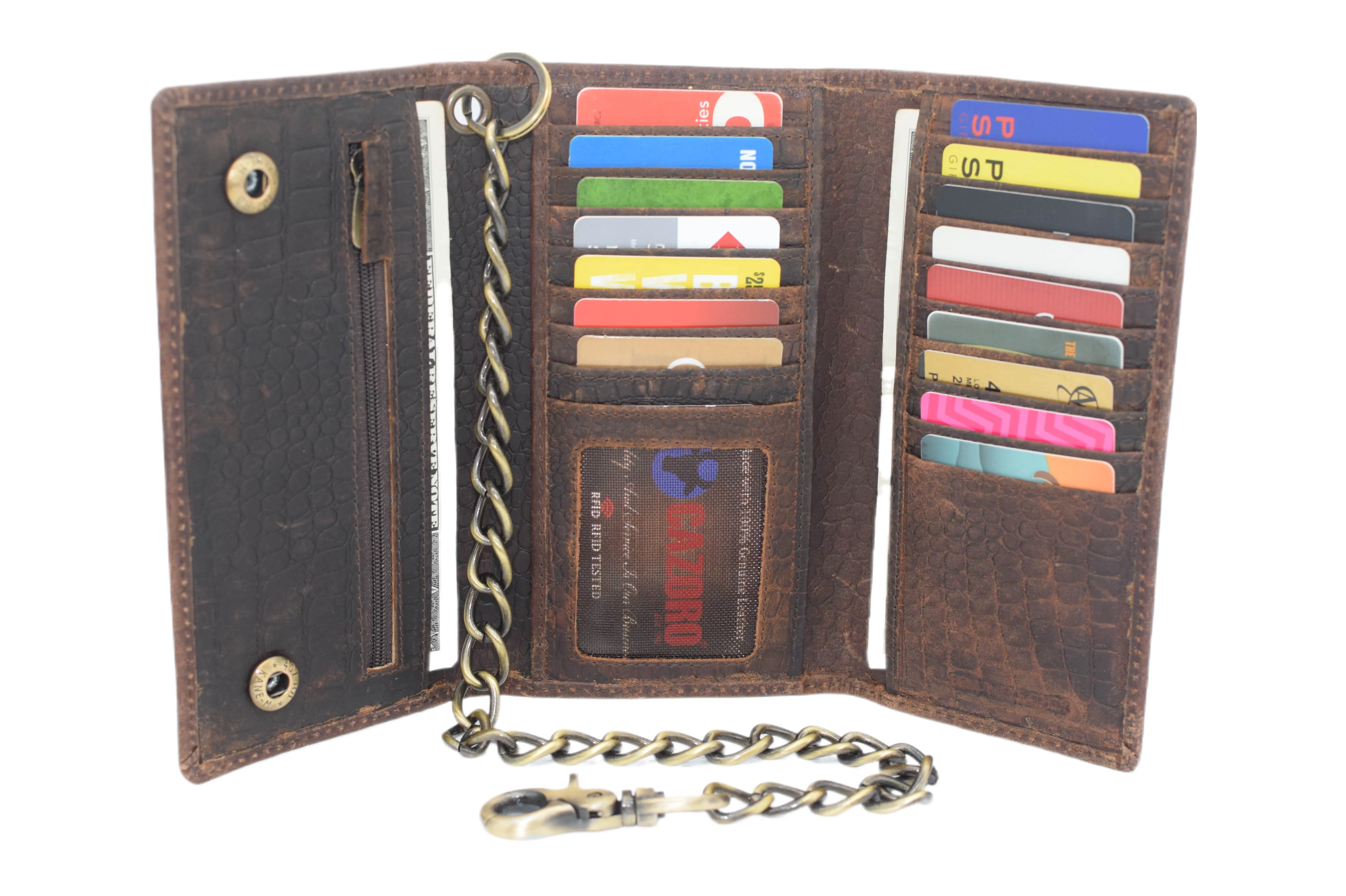 RFID Blocking Men's Biker Vintage Brown Genuine Leather Long Tri-fold Chain Wallet RFID1646HCH