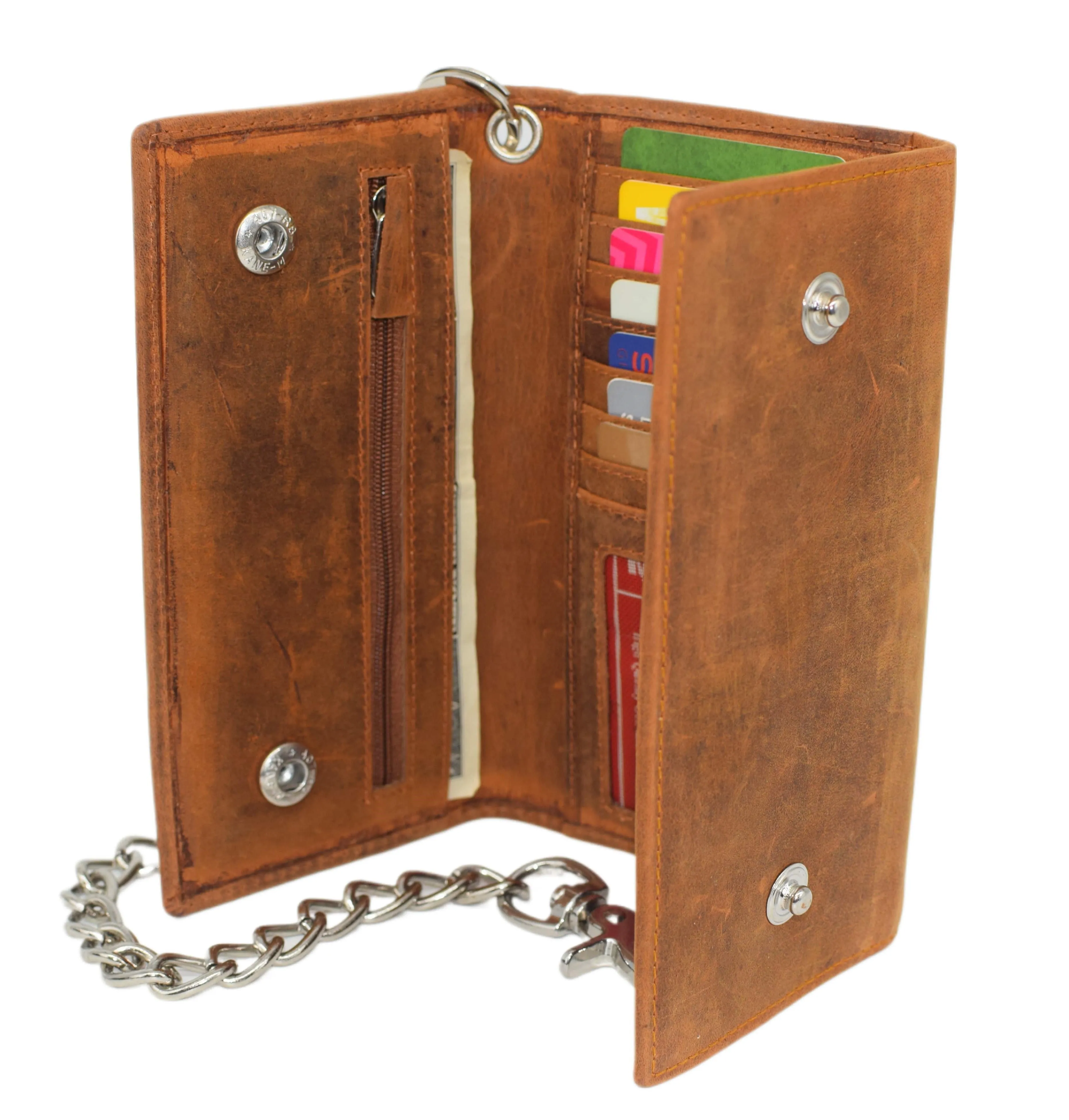 RFID Blocking Men's Biker Vintage Brown Genuine Leather Long Tri-fold Chain Wallet RFID1646HCH