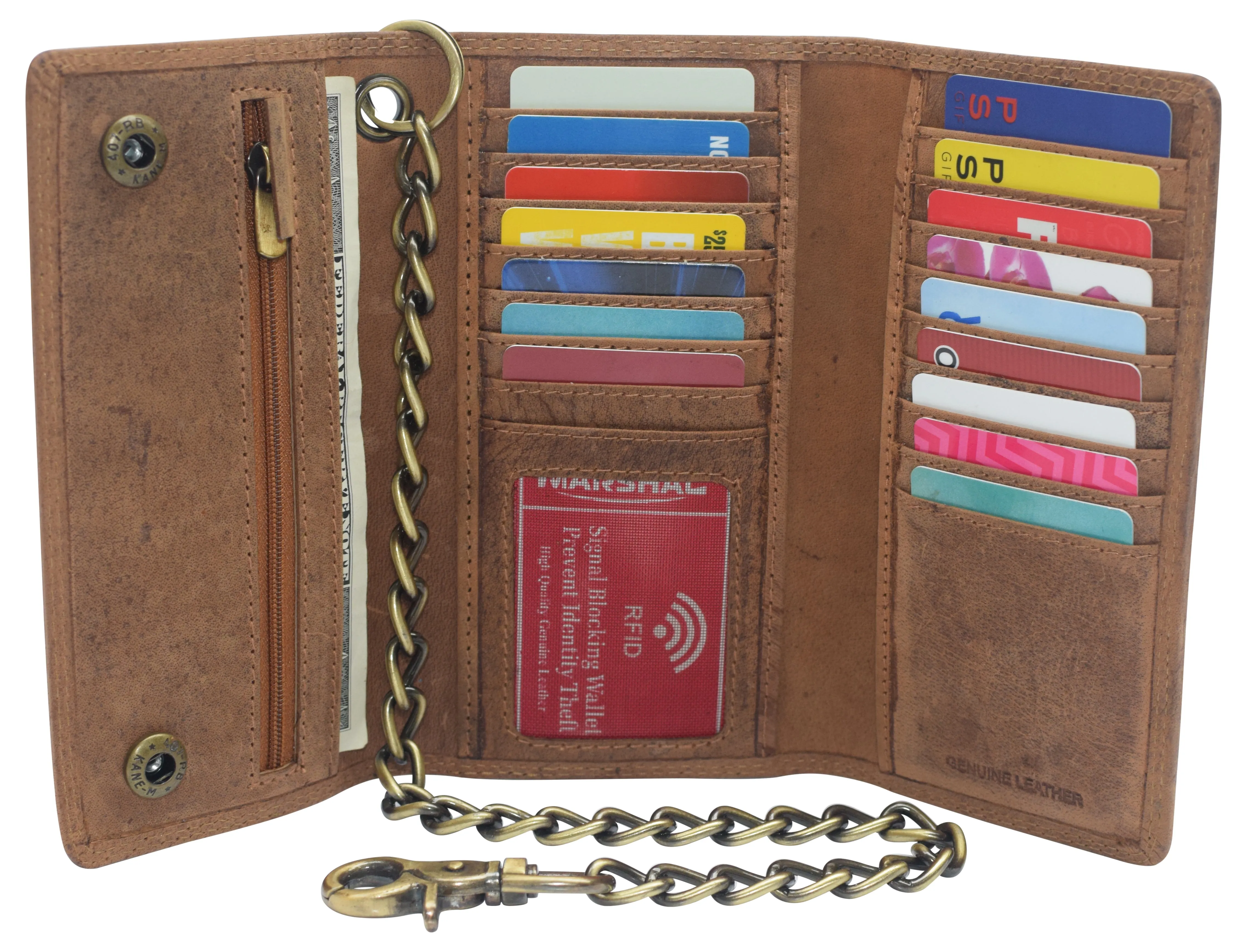 RFID Blocking Men's Biker Vintage Brown Genuine Leather Long Tri-fold Chain Wallet RFID1646HCH