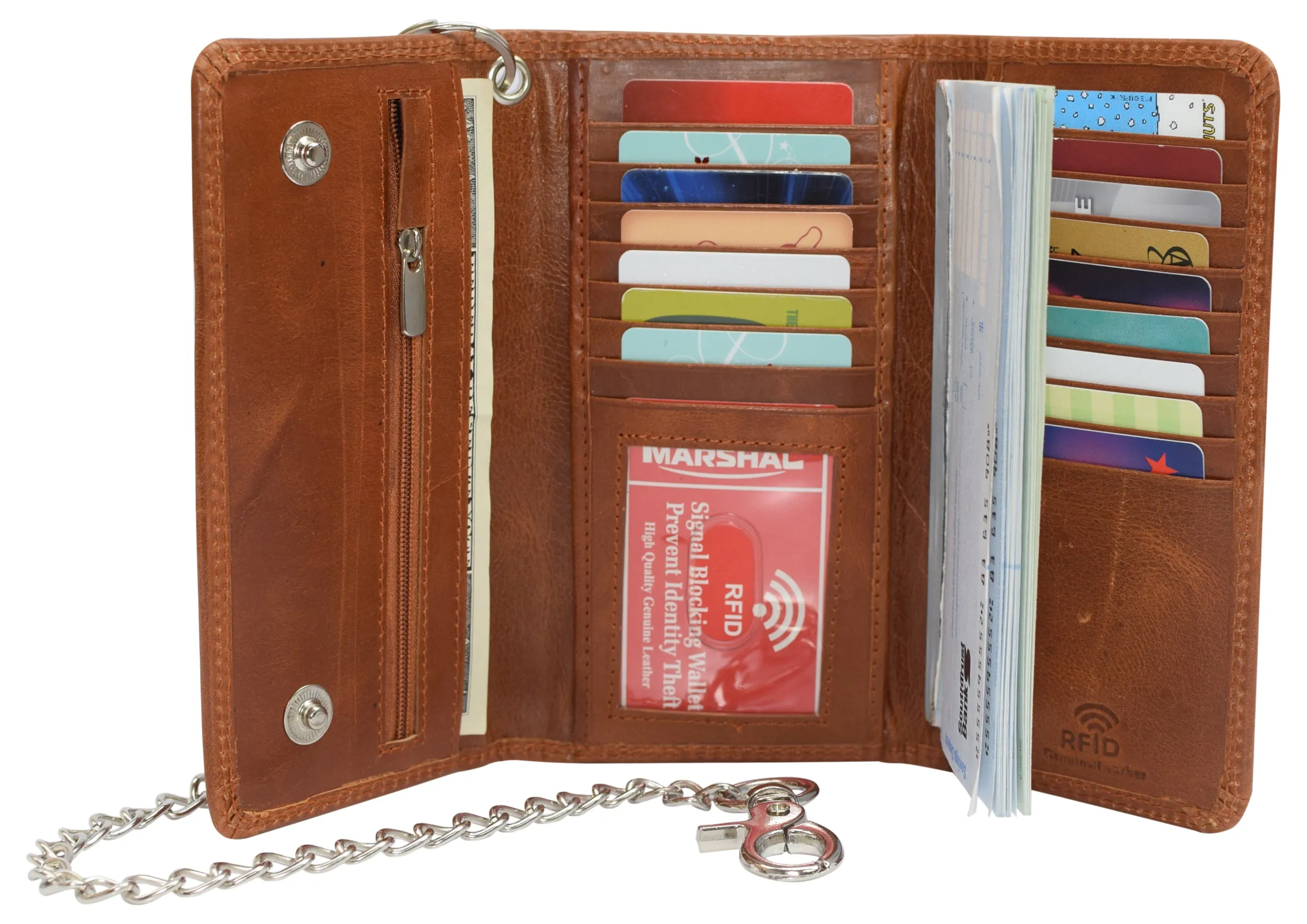 RFID Blocking Men's Biker Vintage Brown Genuine Leather Long Tri-fold Chain Wallet RFID1646HCH