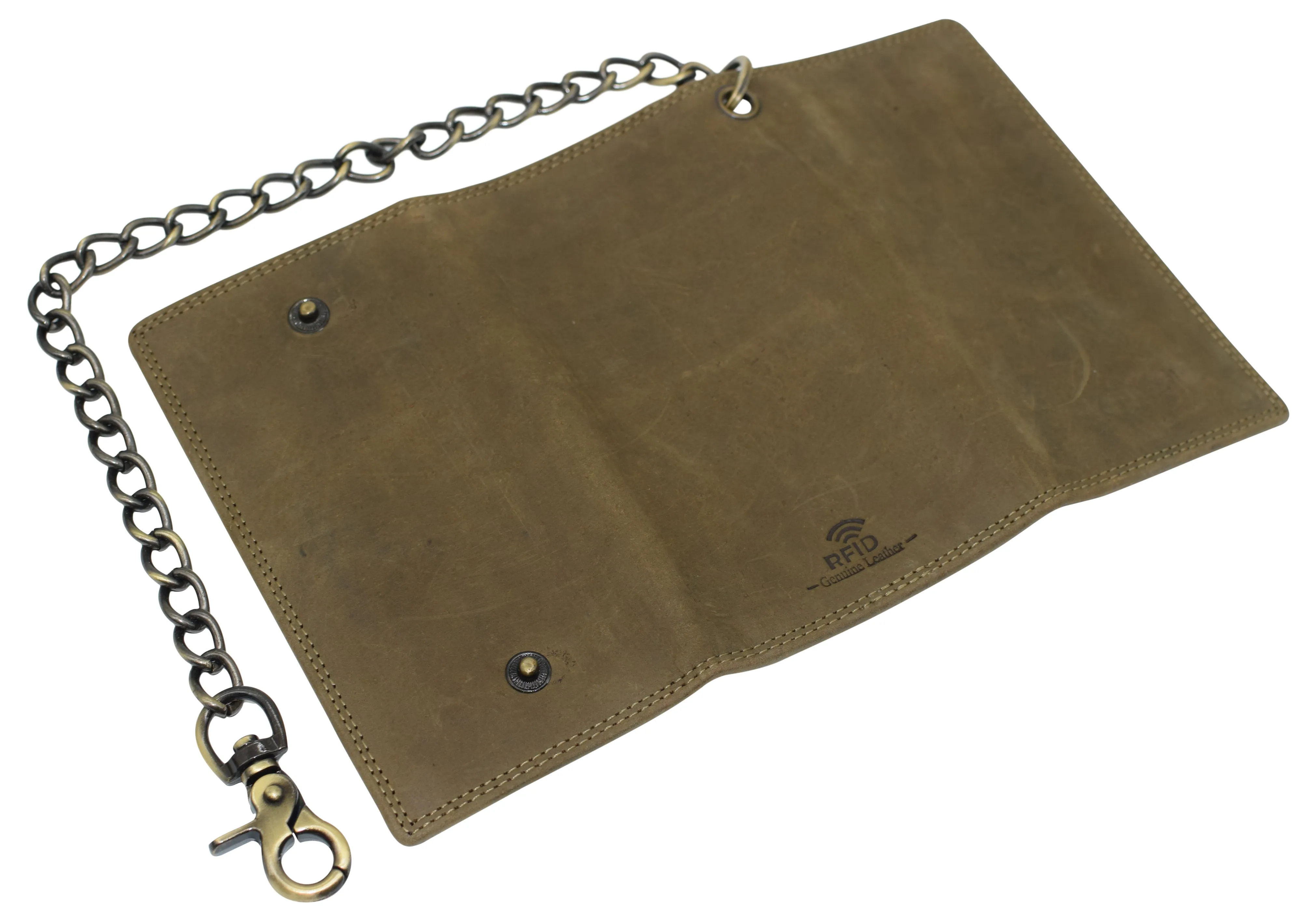 RFID Blocking Men's Biker Vintage Brown Genuine Leather Long Tri-fold Chain Wallet RFID1646HCH