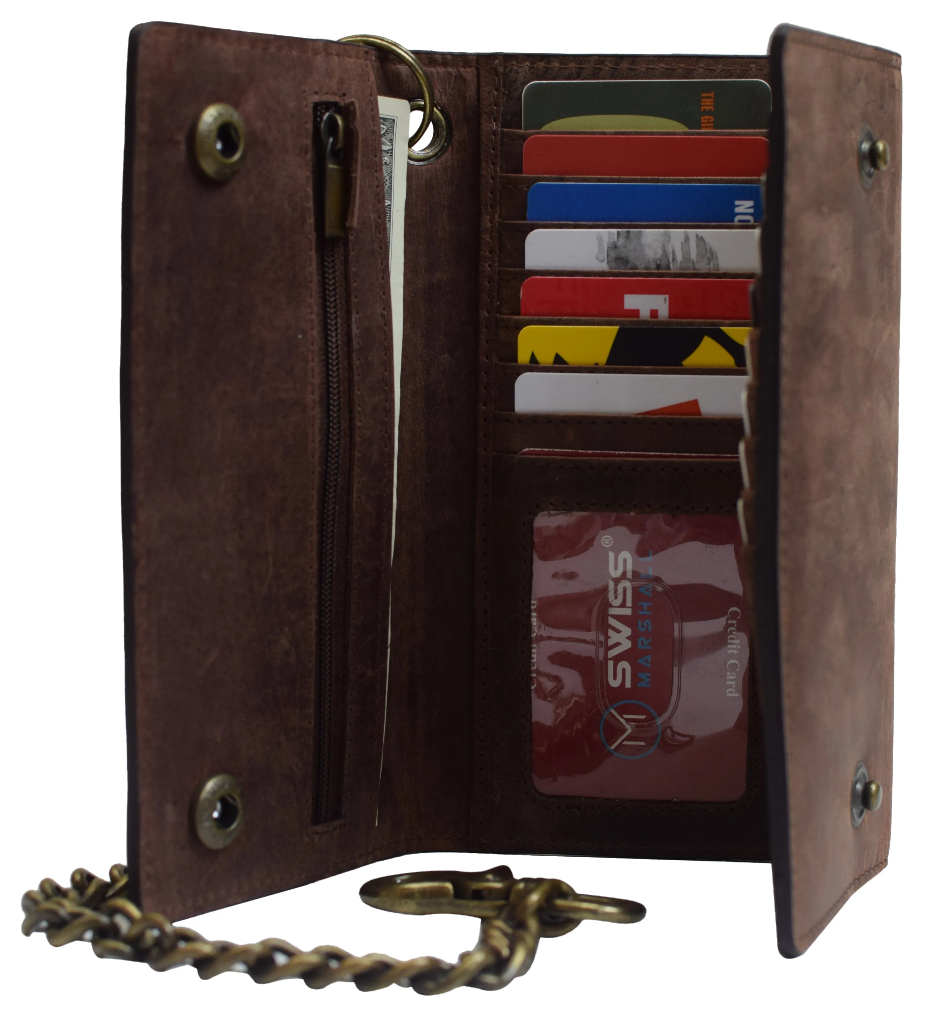 RFID Blocking Men's Biker Vintage Brown Genuine Leather Long Tri-fold Chain Wallet RFID1646HCH