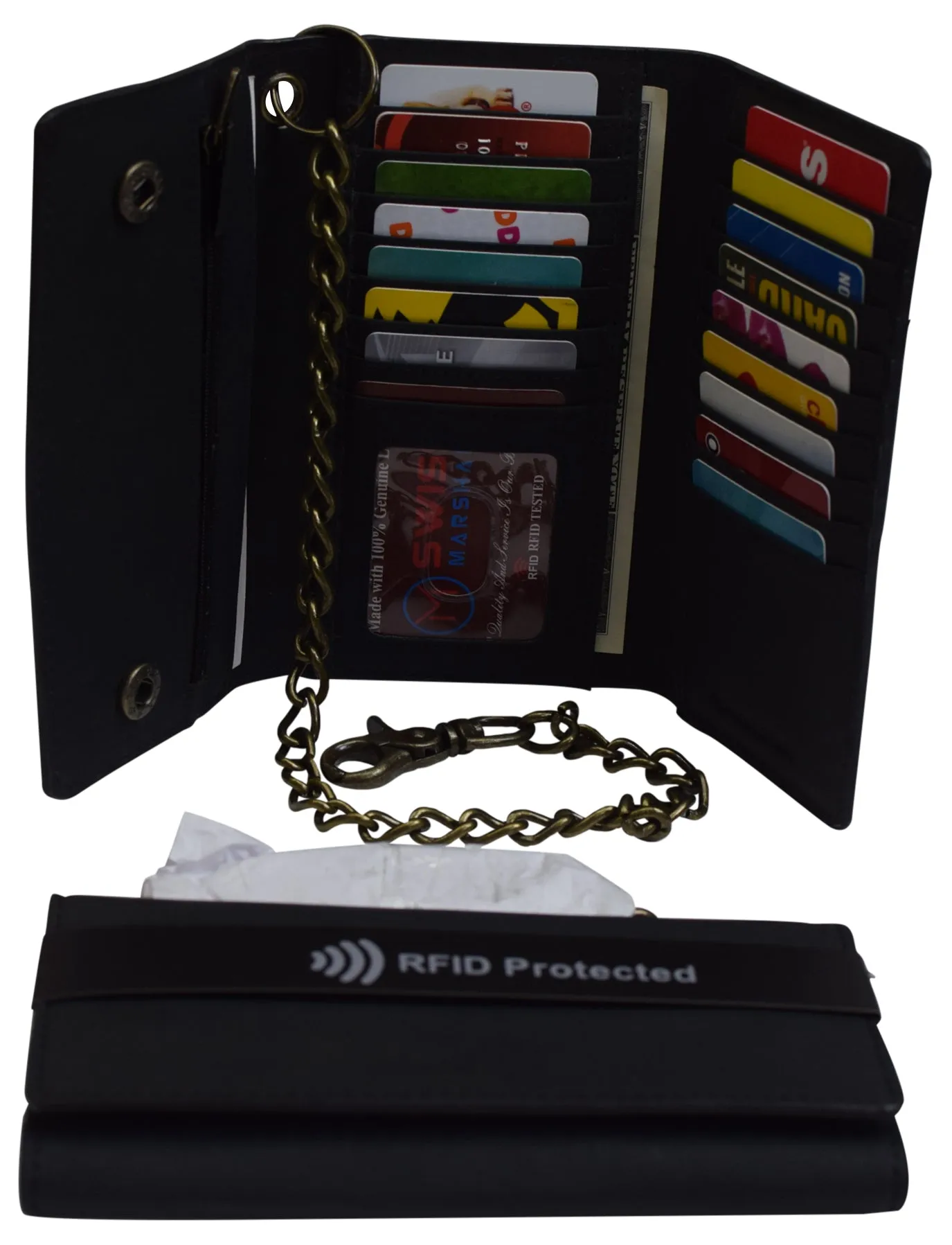 RFID Blocking Men's Biker Vintage Brown Genuine Leather Long Tri-fold Chain Wallet RFID1646HCH
