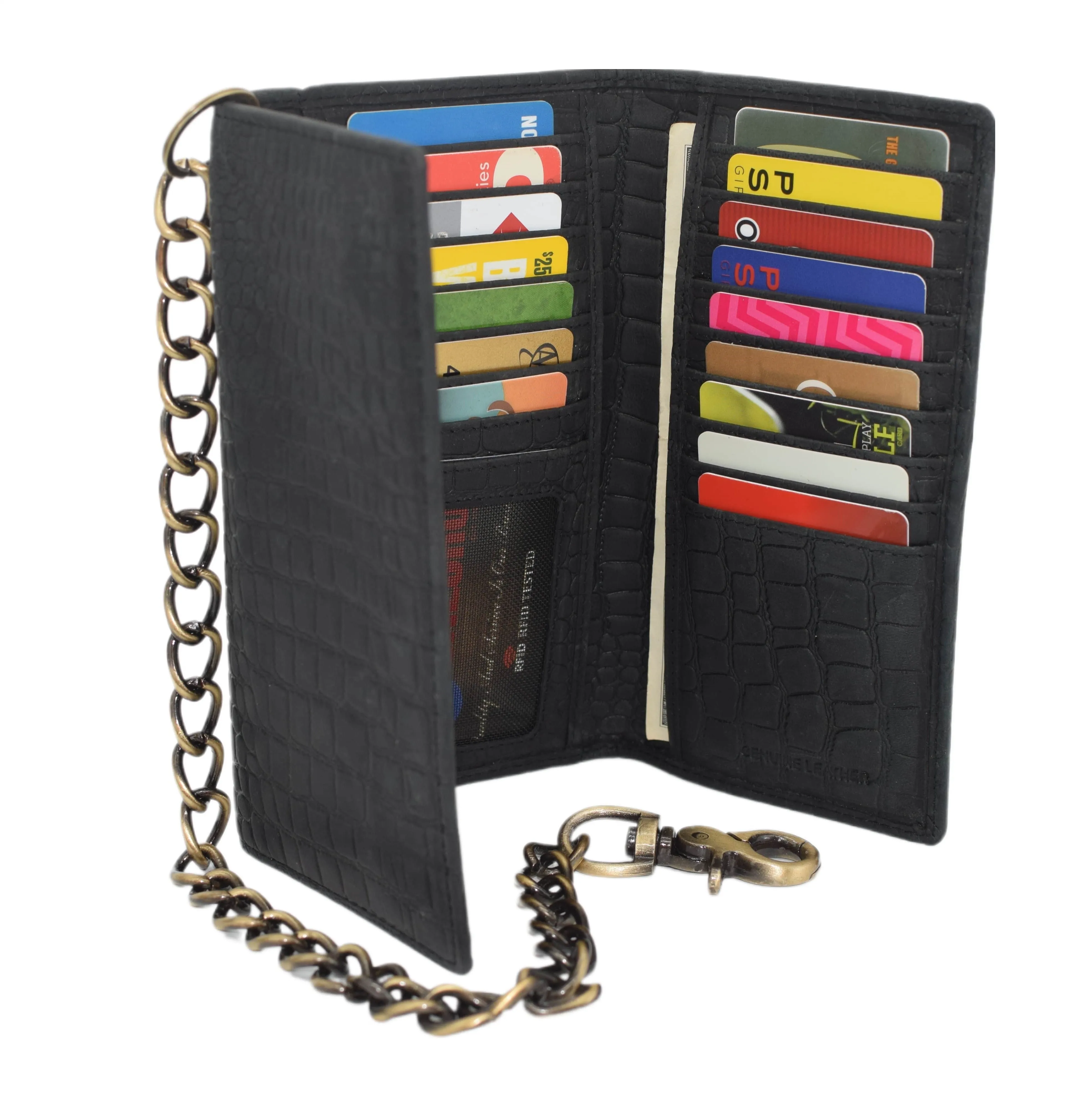 RFID Blocking Men's Biker Vintage Brown Genuine Leather Long Tri-fold Chain Wallet RFID1646HCH