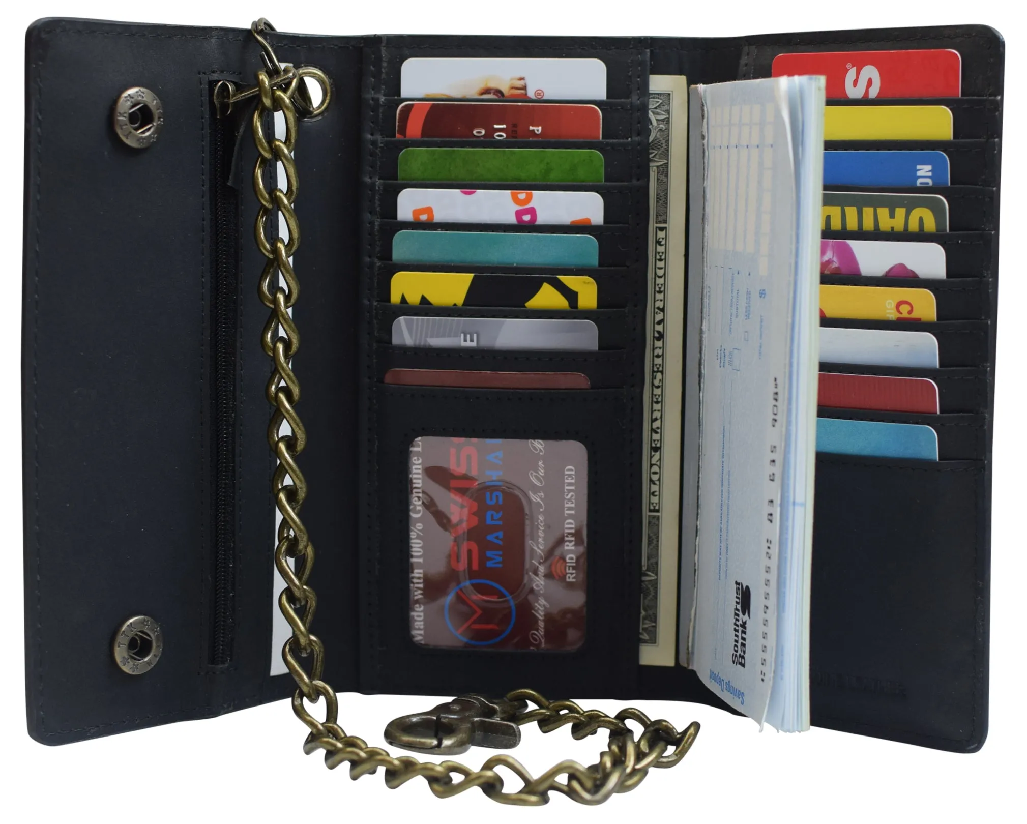 RFID Blocking Men's Biker Vintage Brown Genuine Leather Long Tri-fold Chain Wallet RFID1646HCH