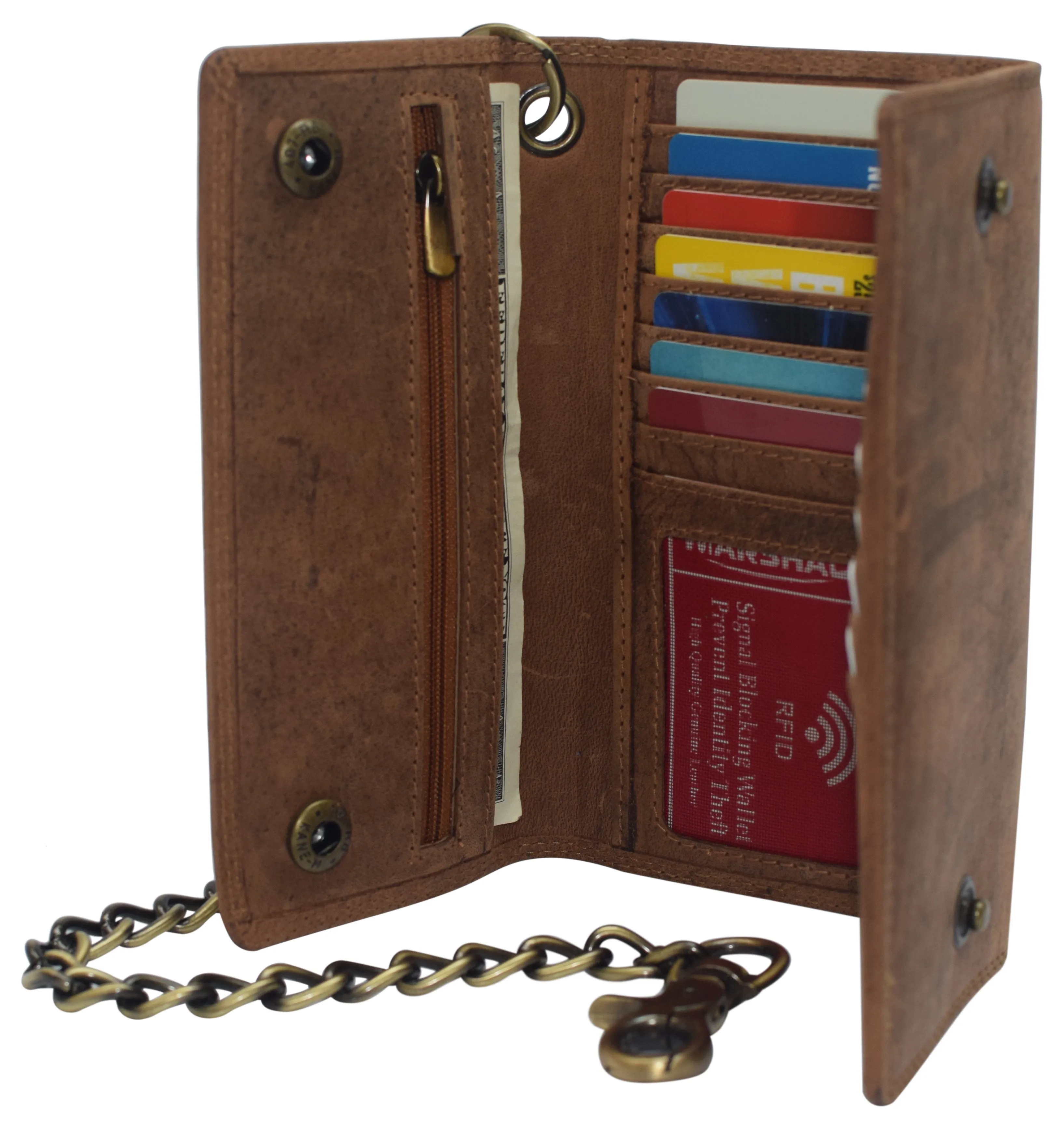RFID Blocking Men's Biker Vintage Brown Genuine Leather Long Tri-fold Chain Wallet RFID1646HCH
