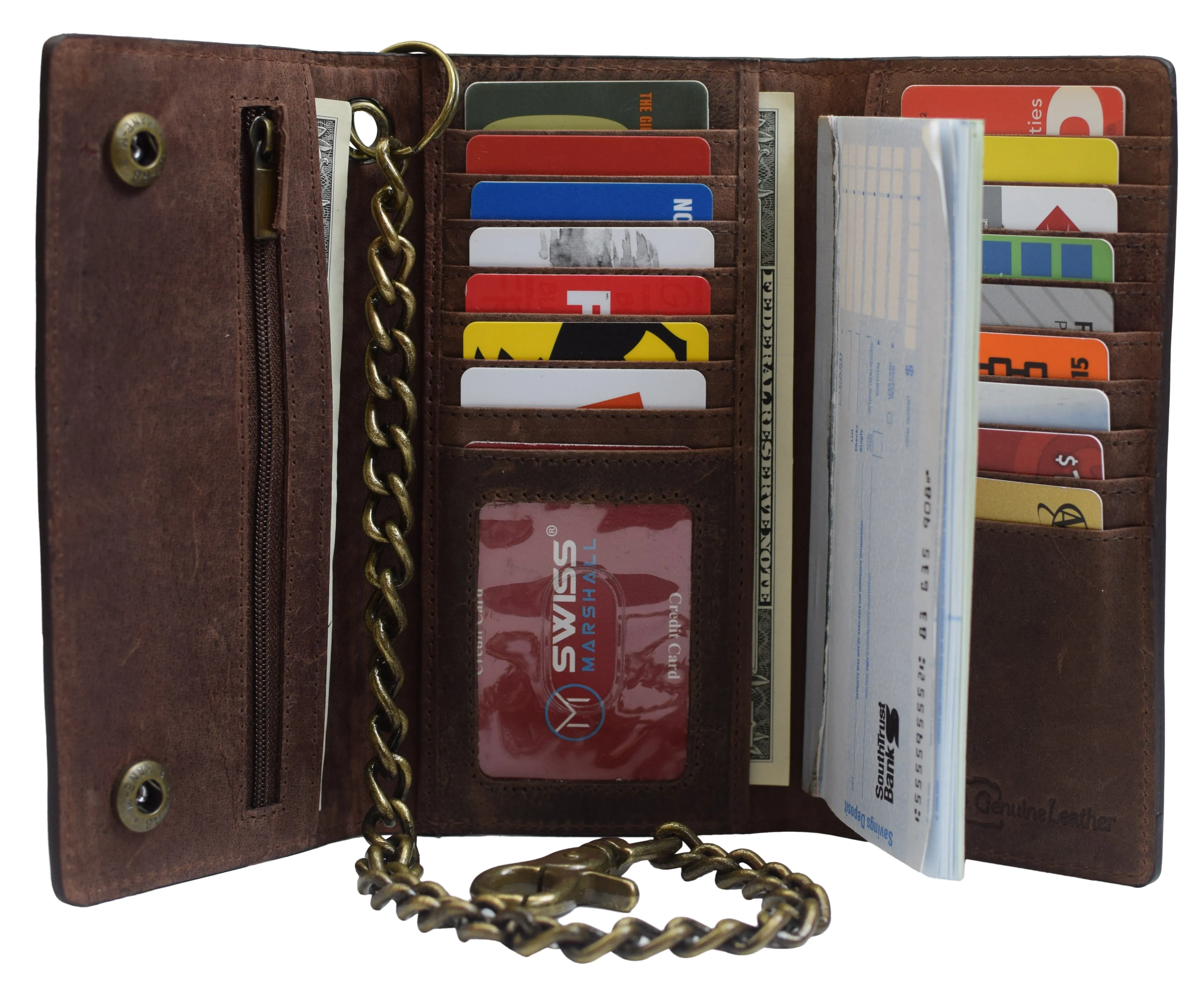 RFID Blocking Men's Biker Vintage Brown Genuine Leather Long Tri-fold Chain Wallet RFID1646HCH