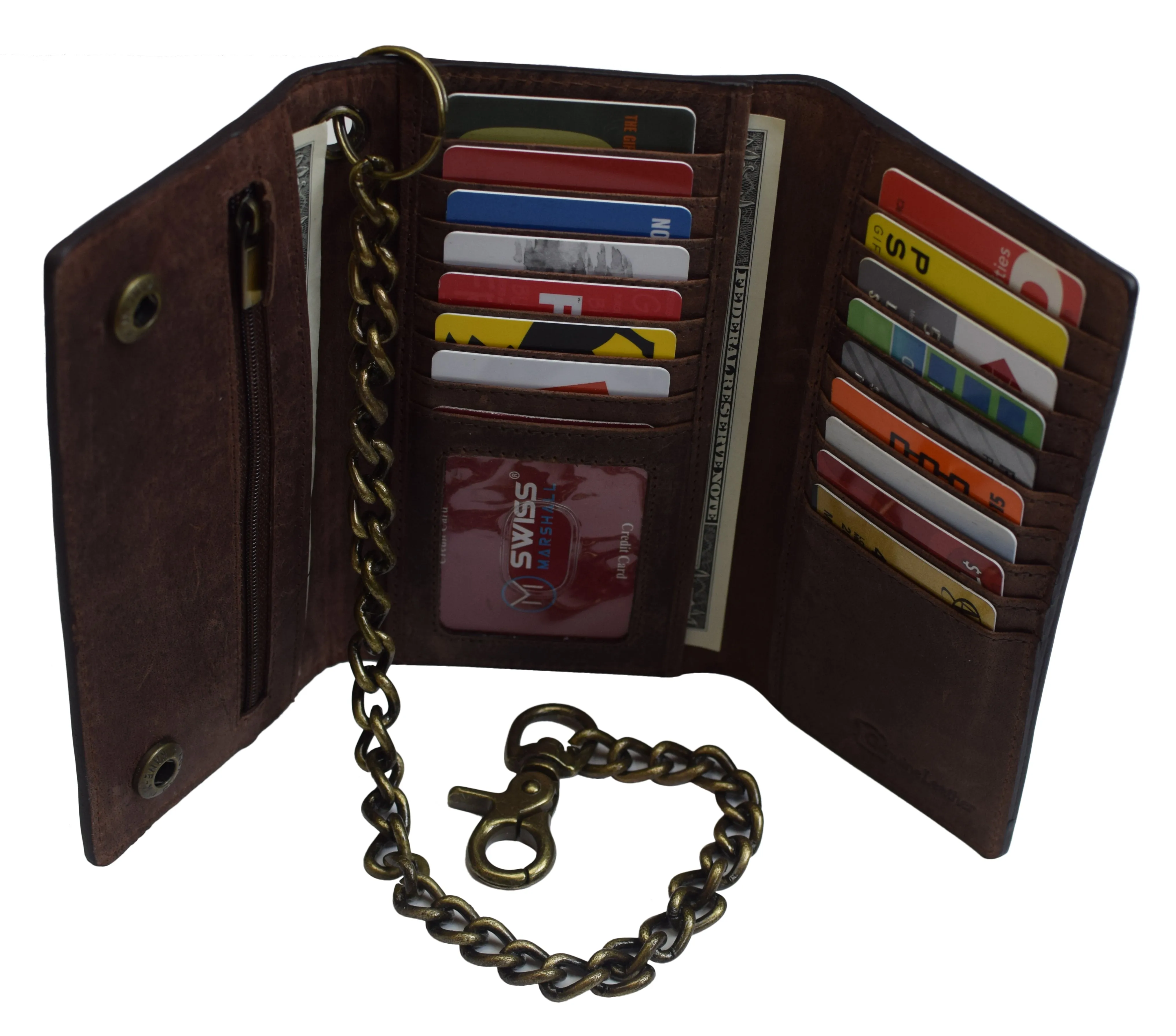RFID Blocking Men's Biker Vintage Brown Genuine Leather Long Tri-fold Chain Wallet RFID1646HCH