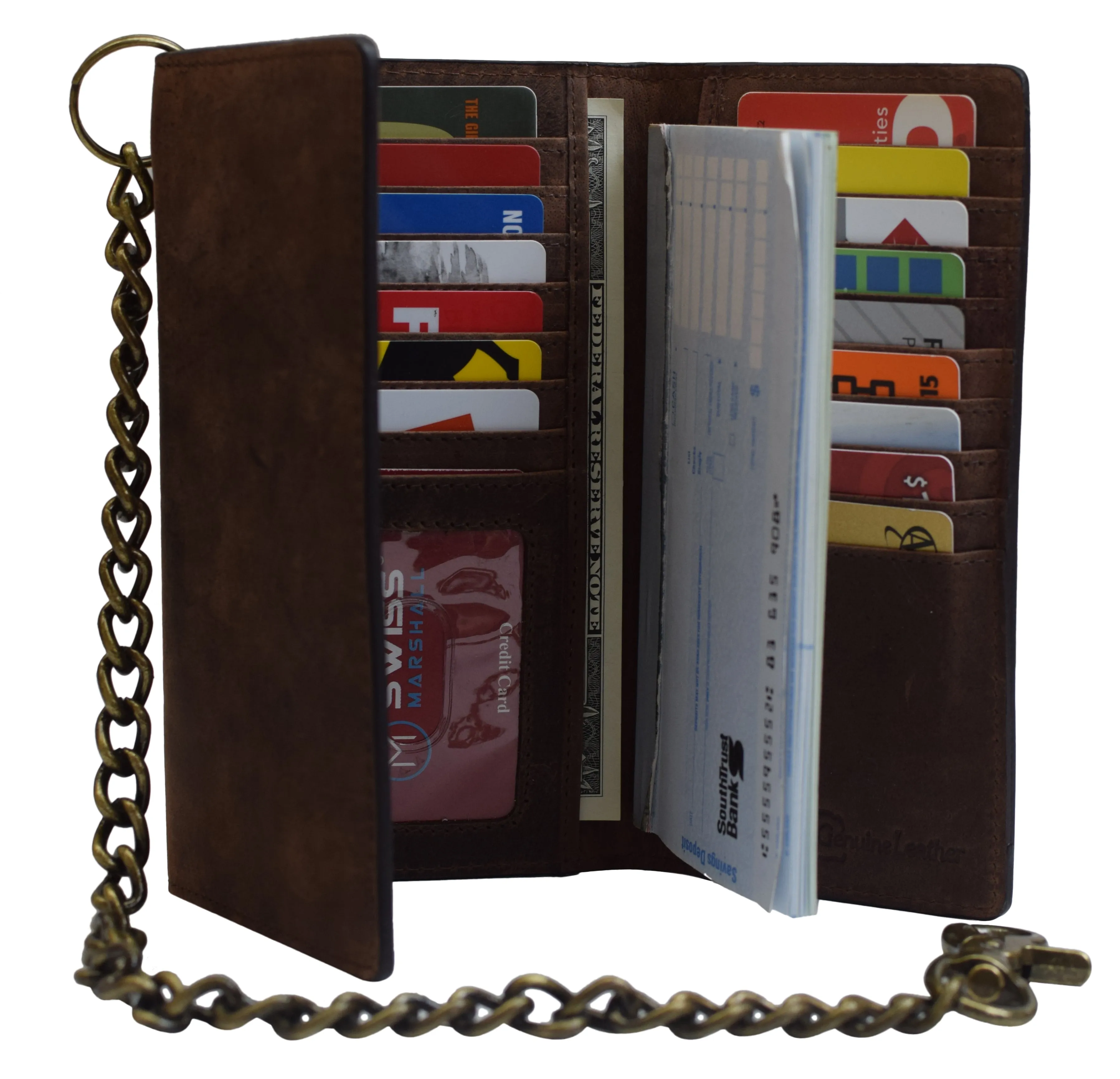RFID Blocking Men's Biker Vintage Brown Genuine Leather Long Tri-fold Chain Wallet RFID1646HCH