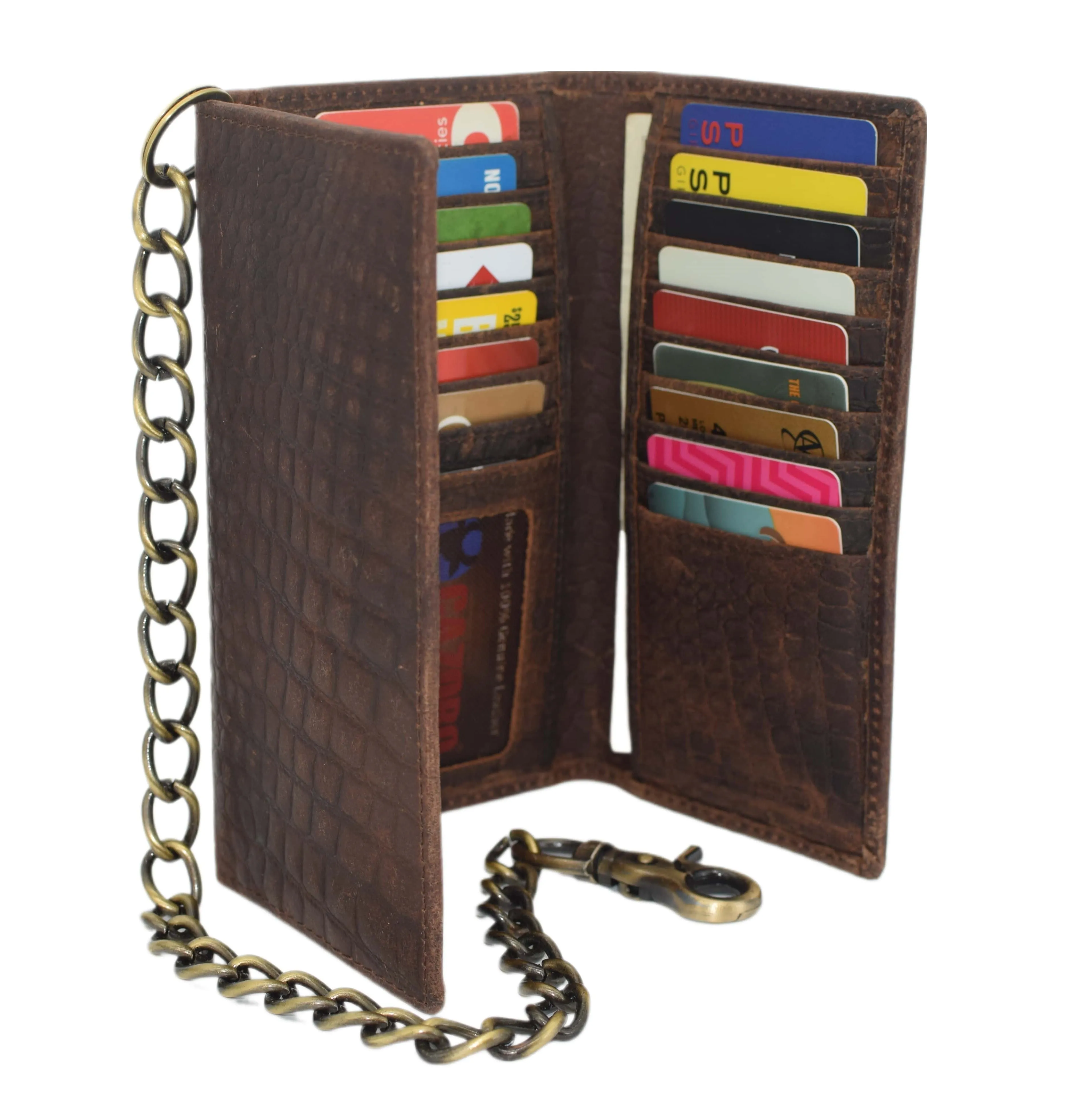 RFID Blocking Men's Biker Vintage Brown Genuine Leather Long Tri-fold Chain Wallet RFID1646HCH