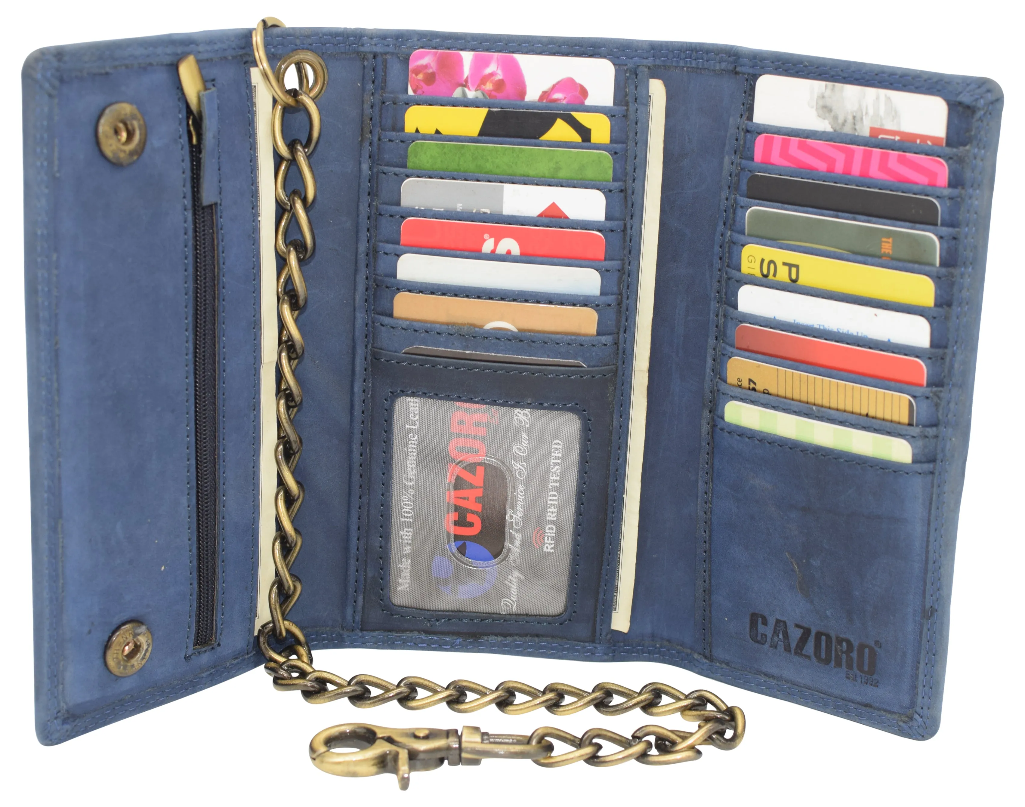 RFID Blocking Men's Biker Vintage Brown Genuine Leather Long Tri-fold Chain Wallet RFID1646HCH