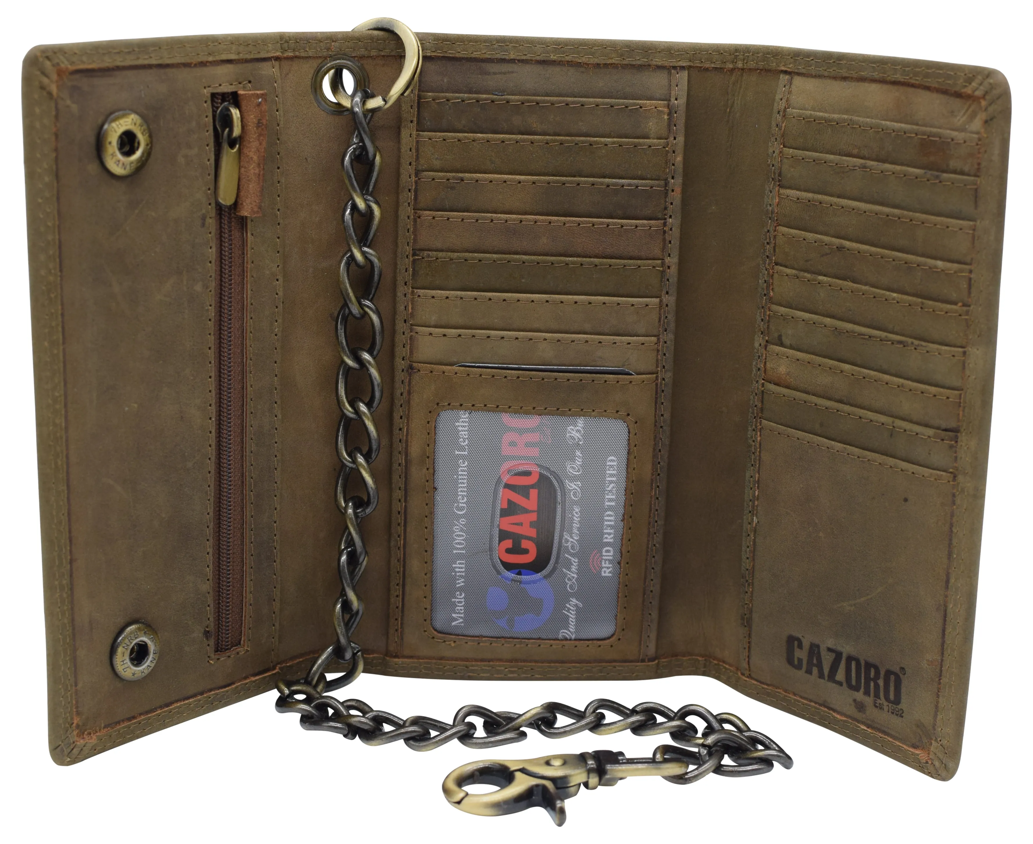 RFID Blocking Men's Biker Vintage Brown Genuine Leather Long Tri-fold Chain Wallet RFID1646HCH