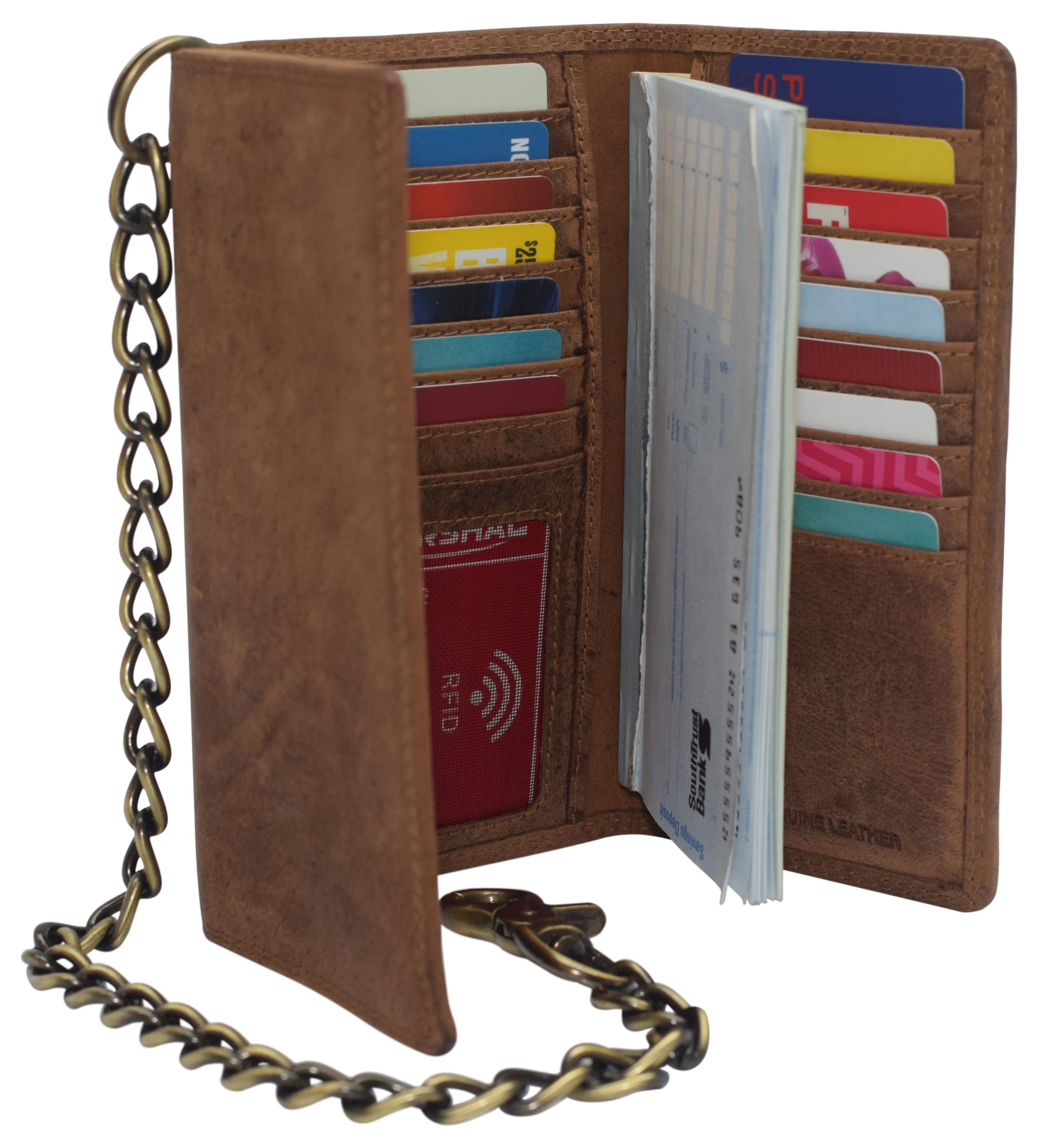 RFID Blocking Men's Biker Vintage Brown Genuine Leather Long Tri-fold Chain Wallet RFID1646HCH