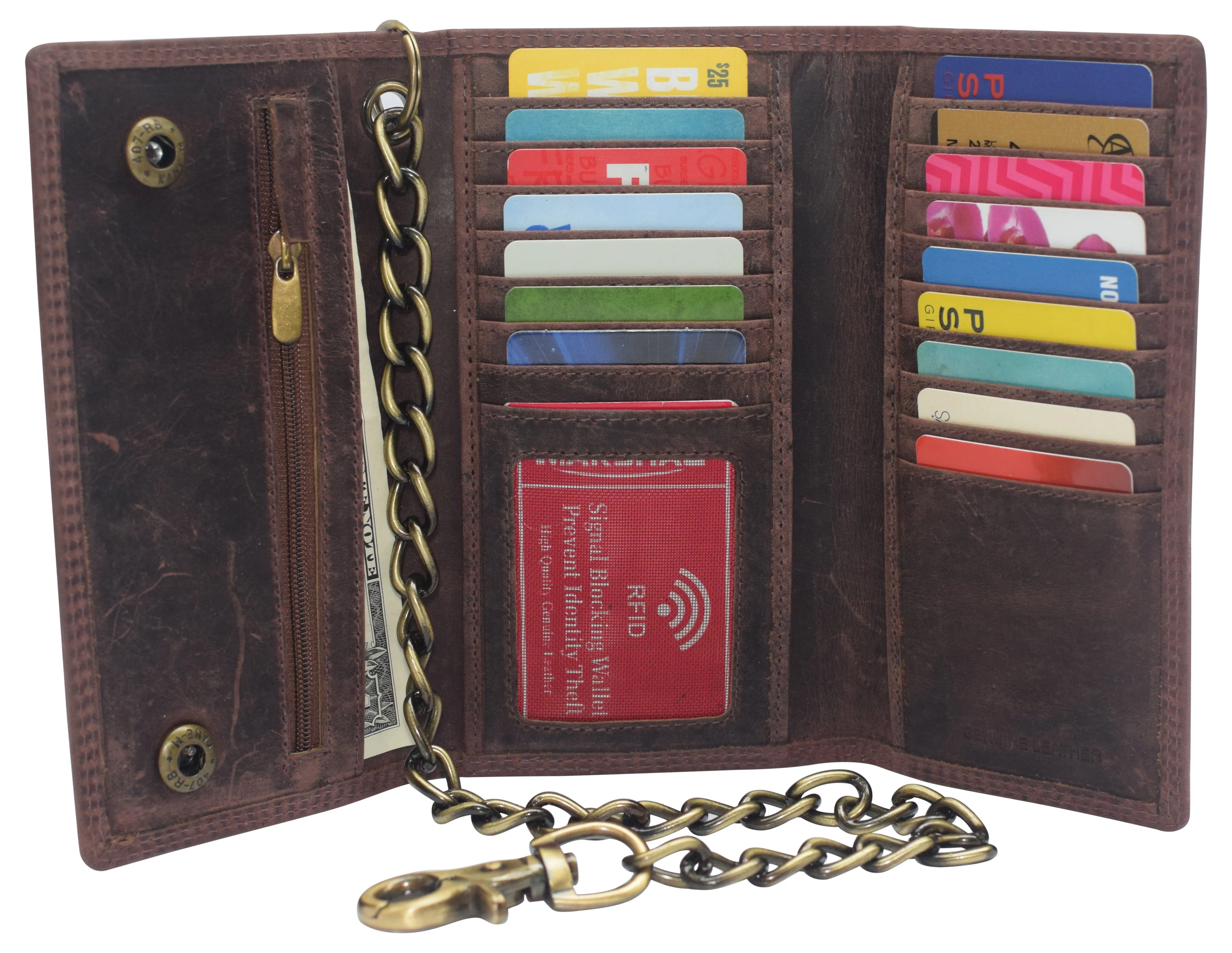 RFID Blocking Men's Biker Vintage Brown Genuine Leather Long Tri-fold Chain Wallet RFID1646HCH