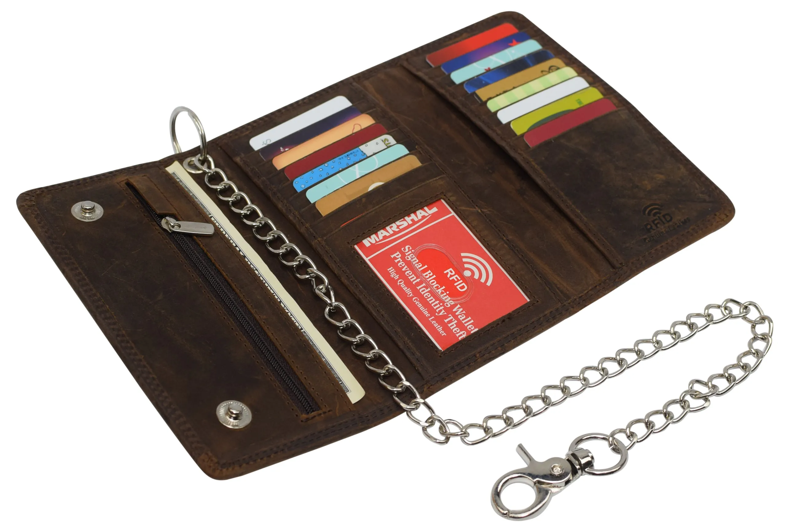 RFID Blocking Men's Biker Vintage Brown Genuine Leather Long Tri-fold Chain Wallet RFID1646HCH