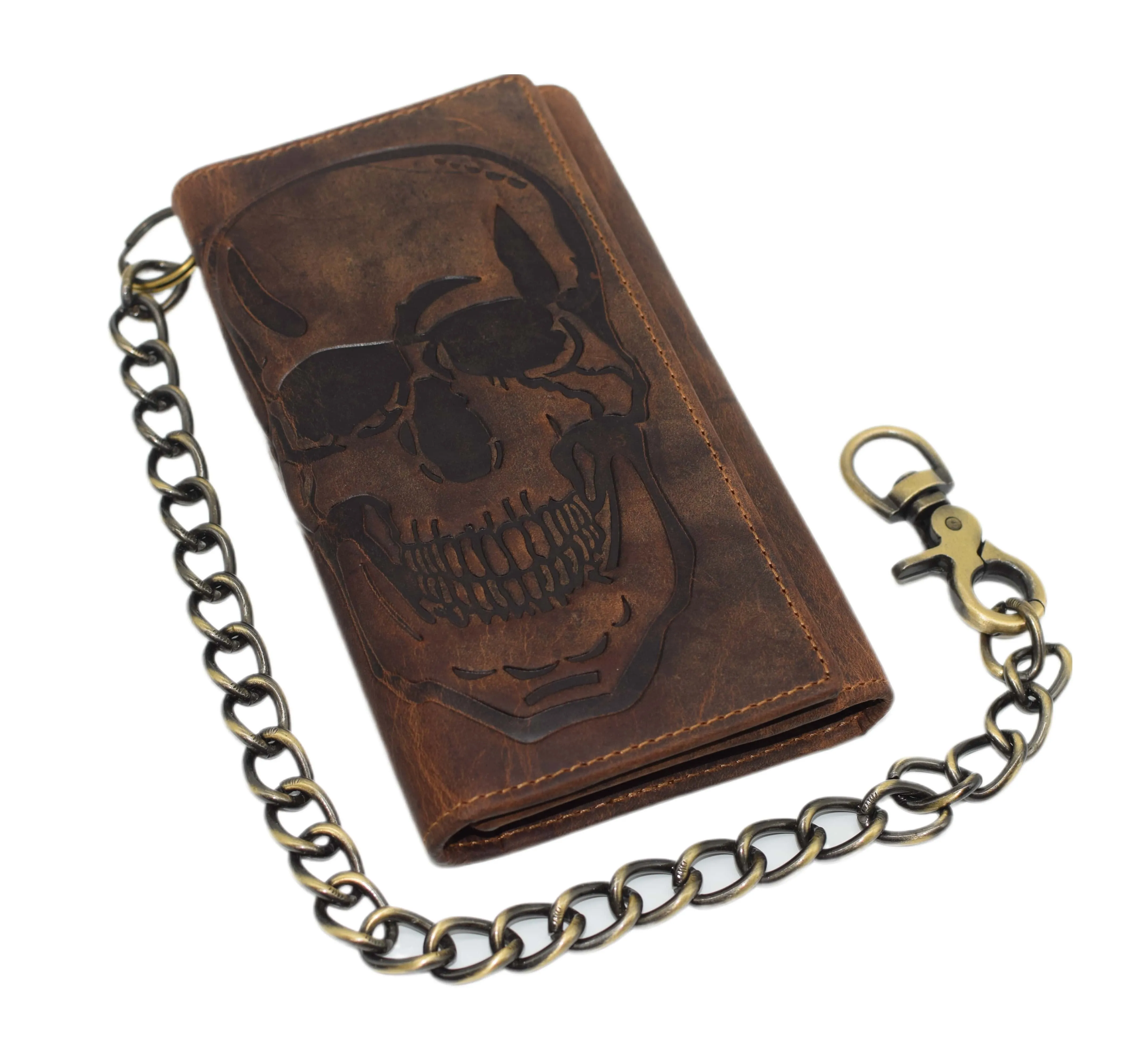 RFID Blocking Men's Biker Vintage Brown Genuine Leather Long Tri-fold Chain Wallet RFID1646HCH