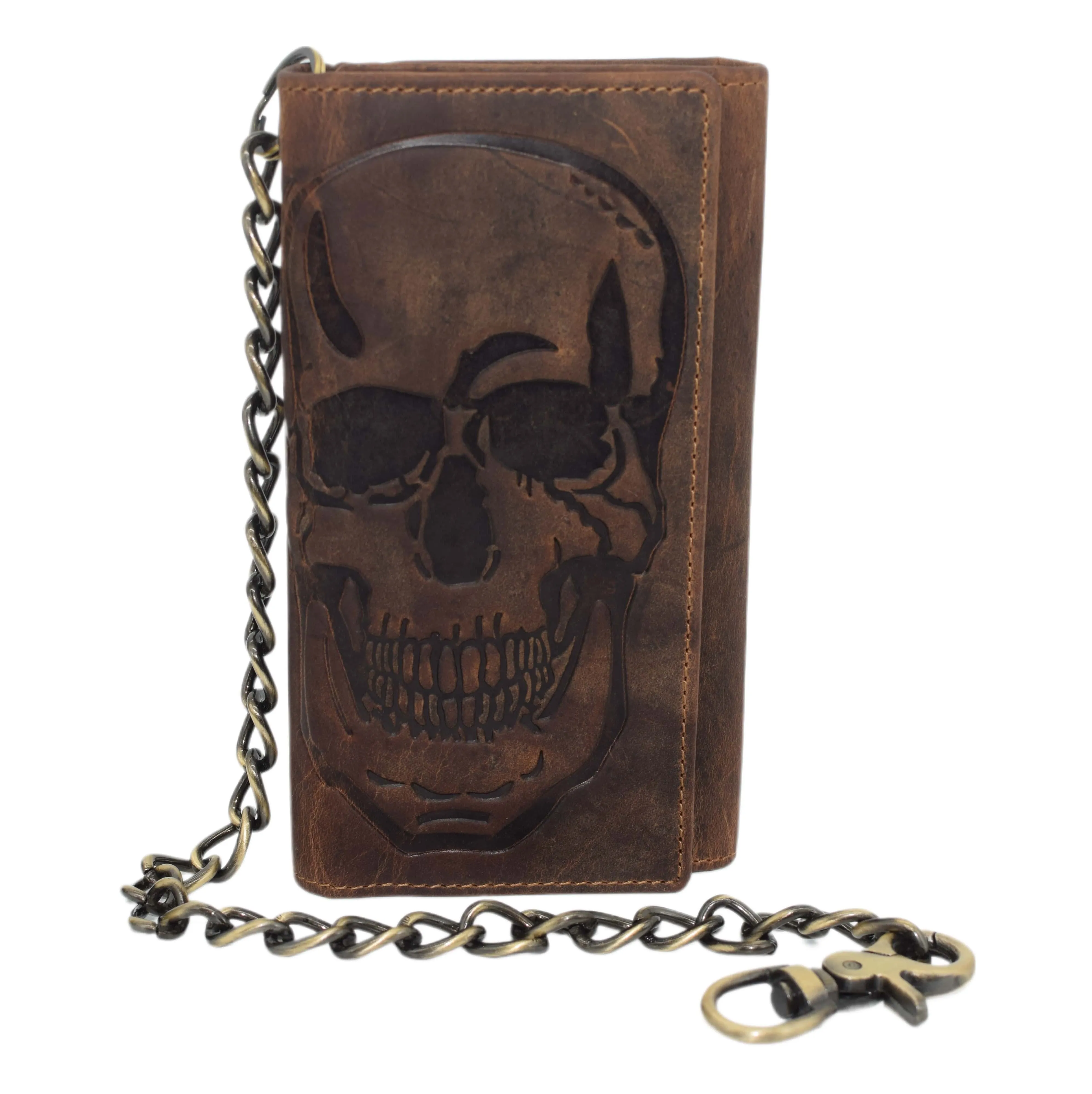 RFID Blocking Men's Biker Vintage Brown Genuine Leather Long Tri-fold Chain Wallet RFID1646HCH