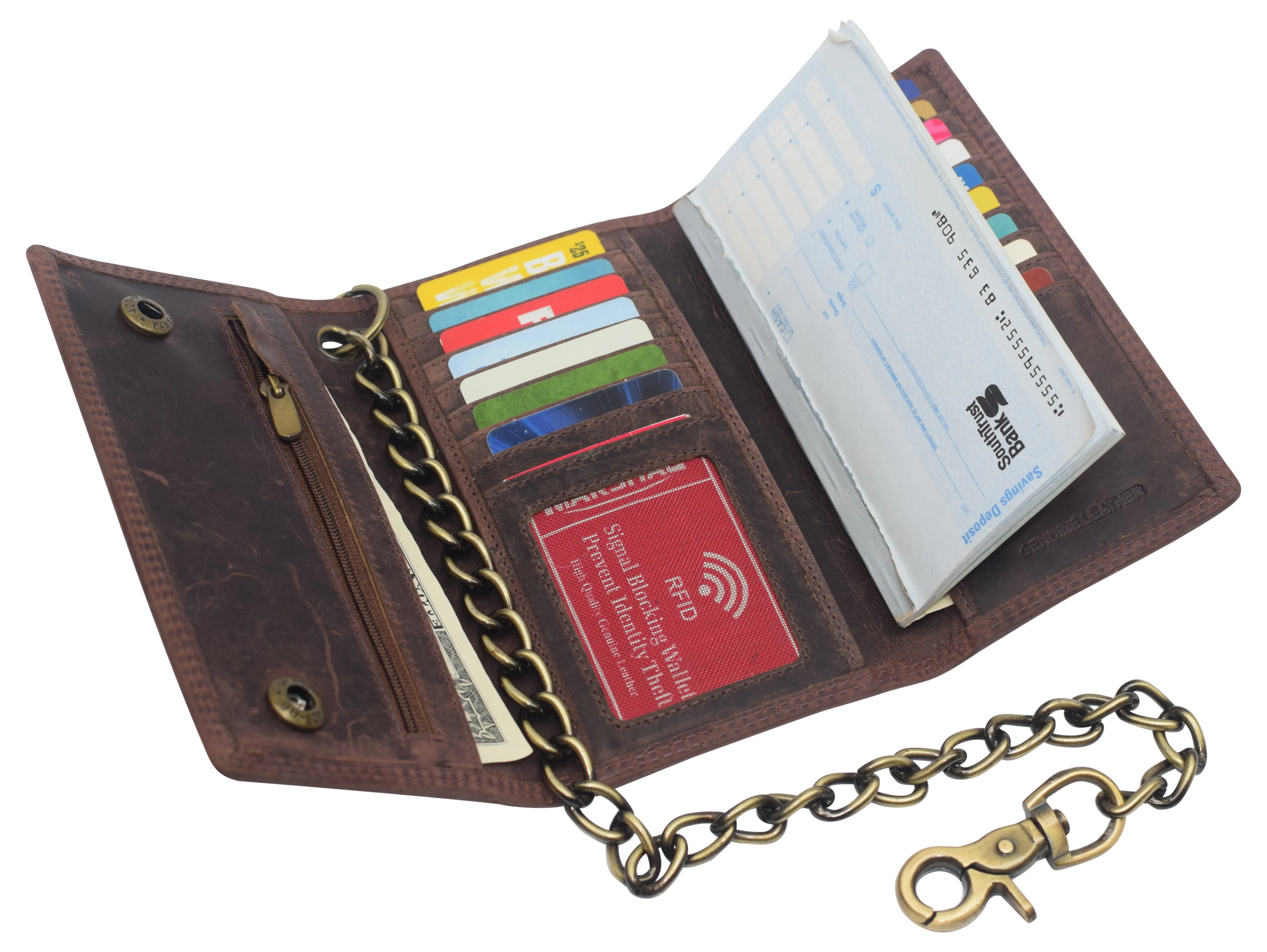 RFID Blocking Men's Biker Vintage Brown Genuine Leather Long Tri-fold Chain Wallet RFID1646HCH