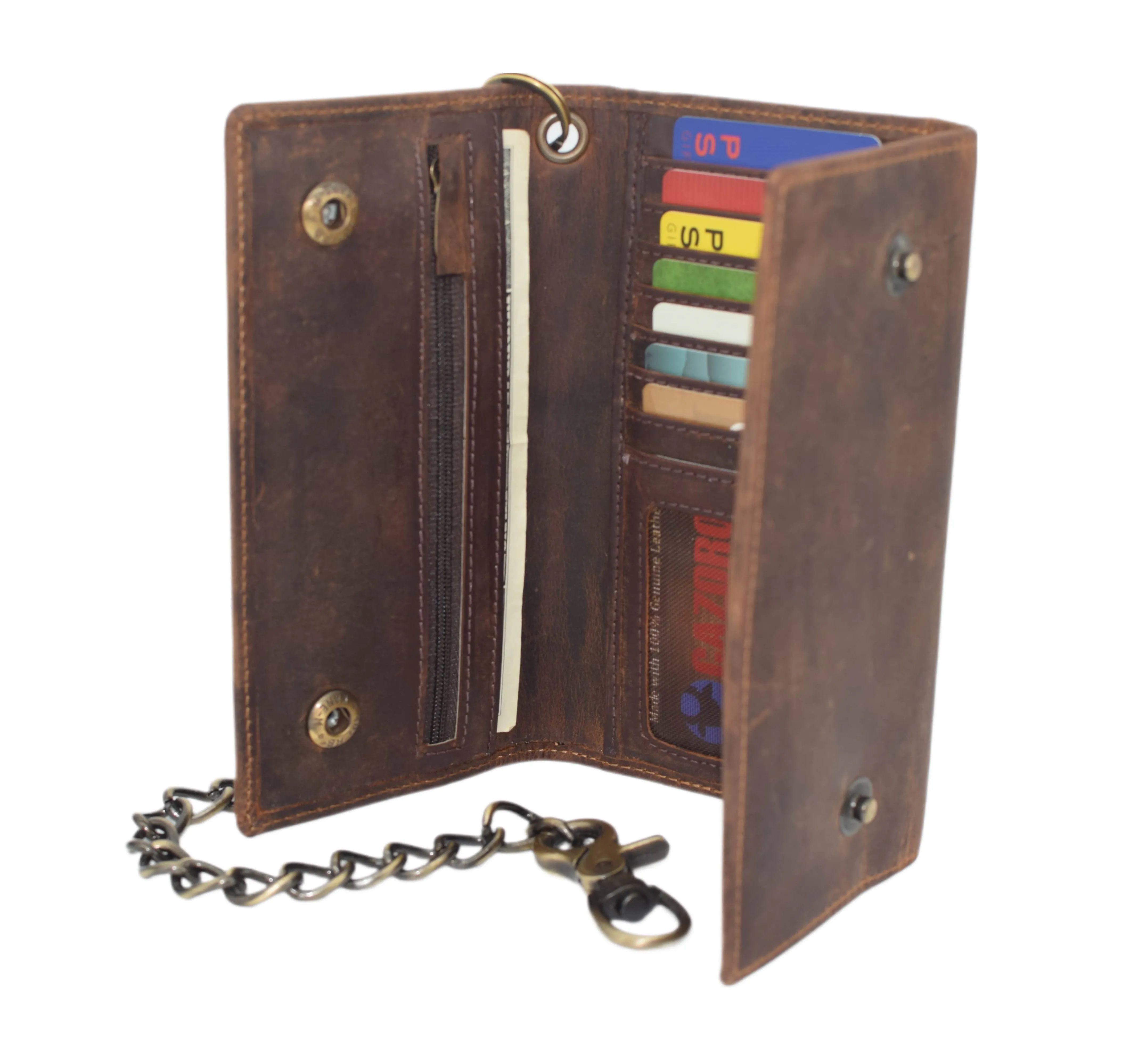 RFID Blocking Men's Biker Vintage Brown Genuine Leather Long Tri-fold Chain Wallet RFID1646HCH