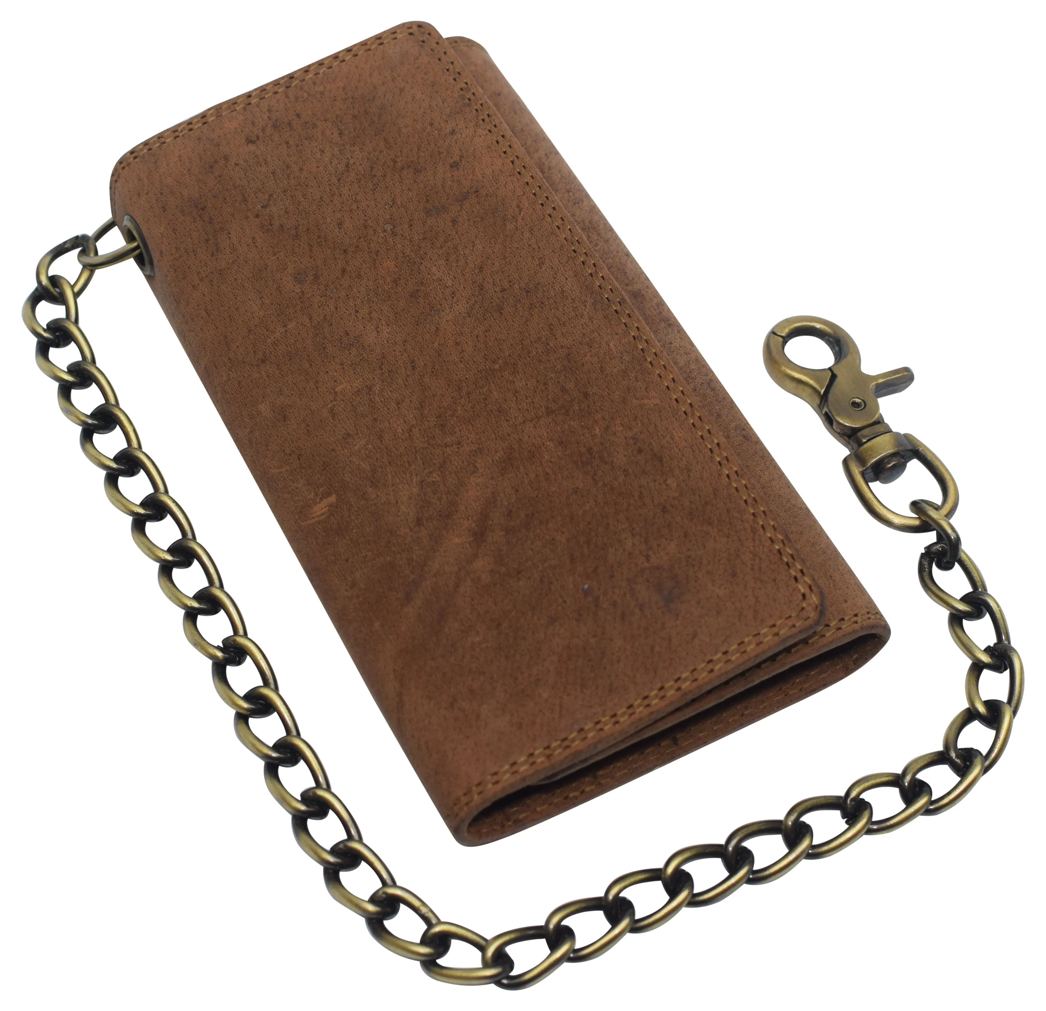 RFID Blocking Men's Biker Vintage Brown Genuine Leather Long Tri-fold Chain Wallet RFID1646HCH