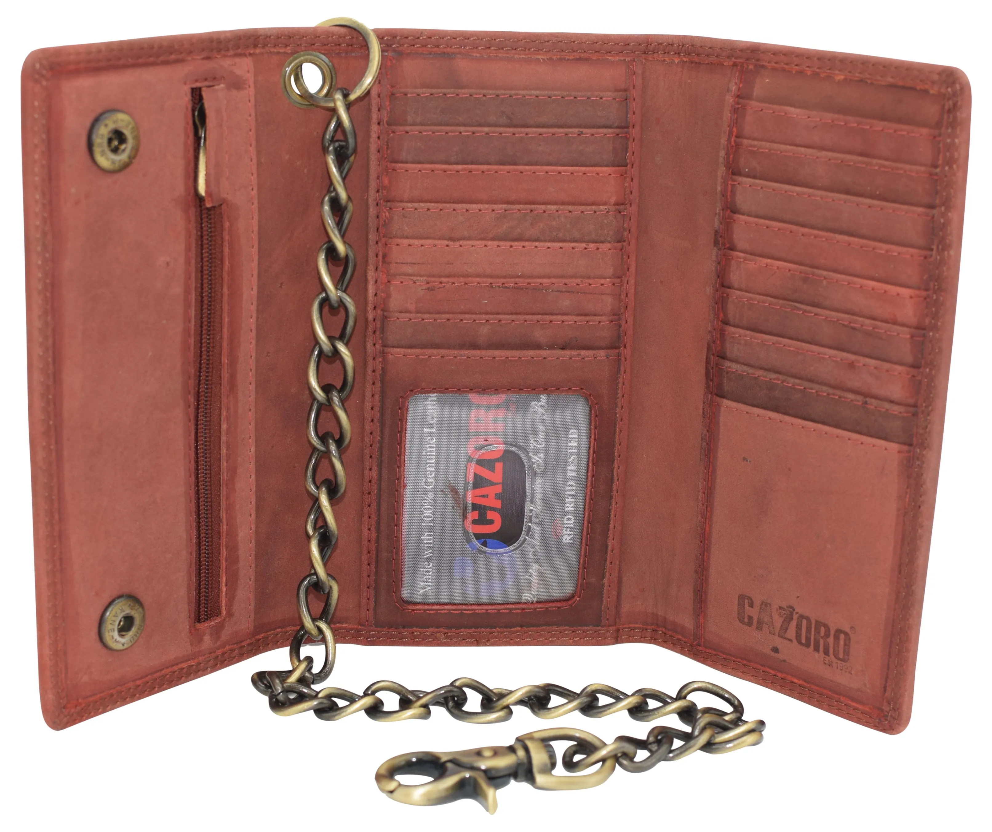 RFID Blocking Men's Biker Vintage Brown Genuine Leather Long Tri-fold Chain Wallet RFID1646HCH
