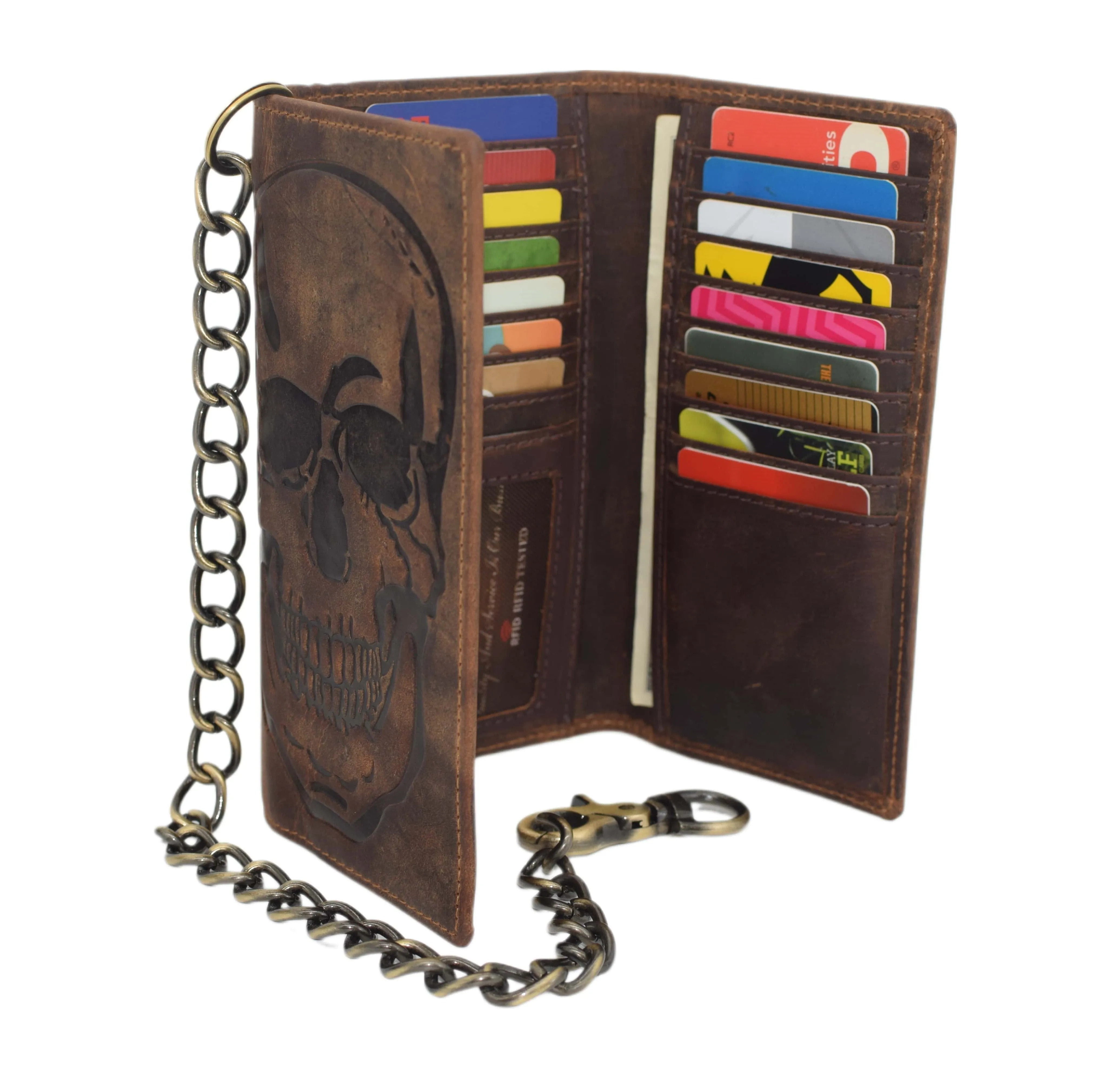 RFID Blocking Men's Biker Vintage Brown Genuine Leather Long Tri-fold Chain Wallet RFID1646HCH
