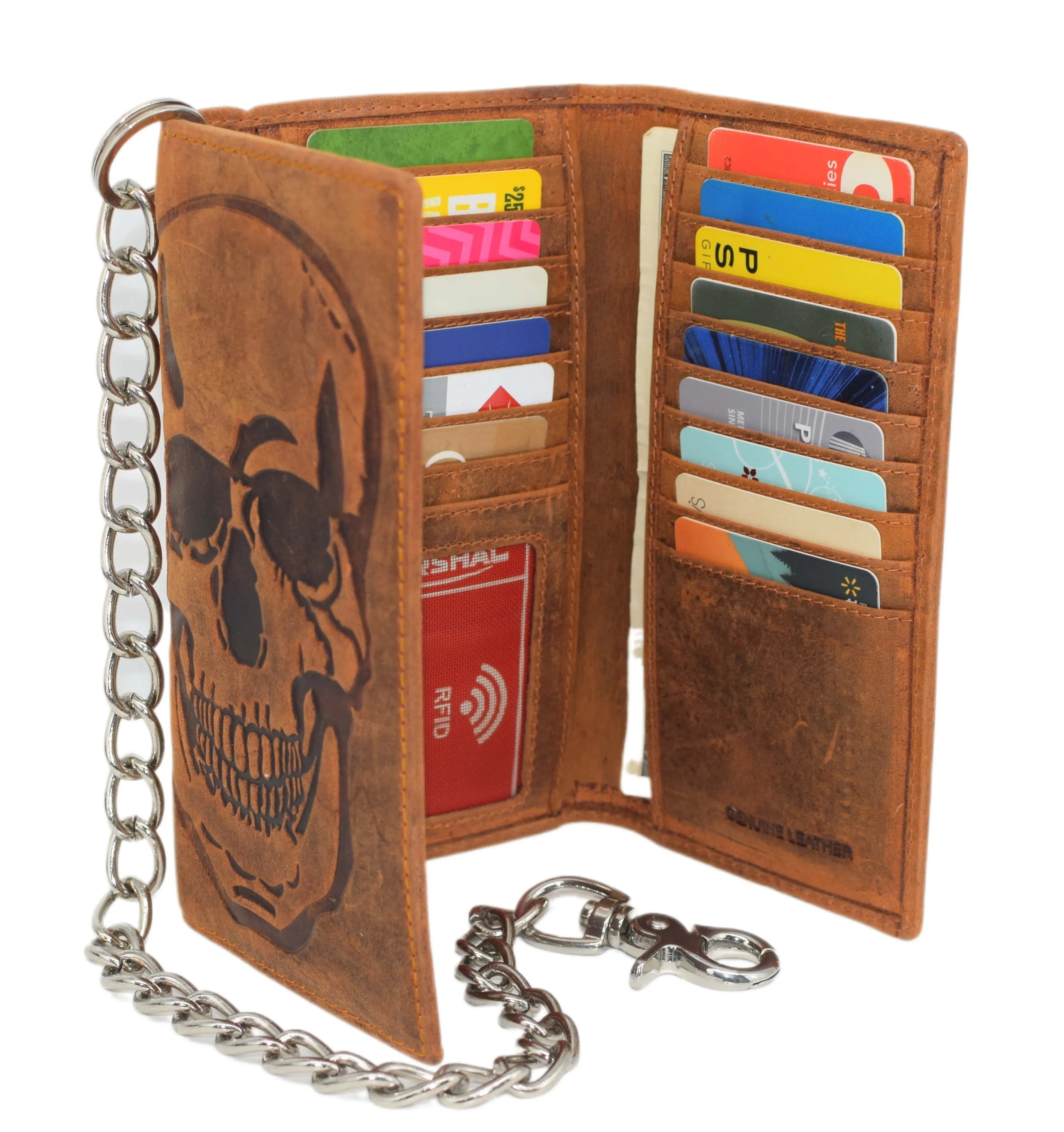 RFID Blocking Men's Biker Vintage Brown Genuine Leather Long Tri-fold Chain Wallet RFID1646HCH