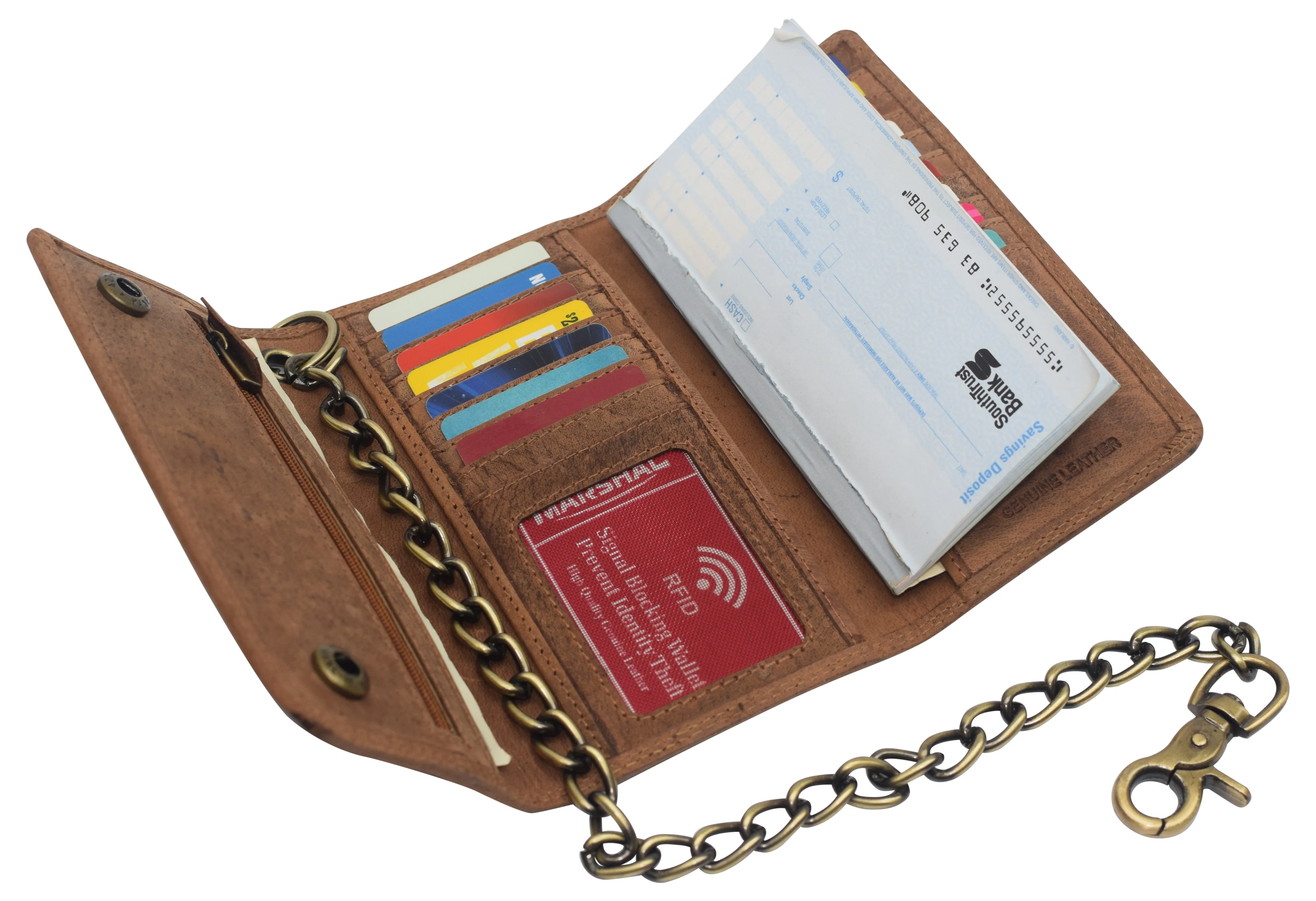 RFID Blocking Men's Biker Vintage Brown Genuine Leather Long Tri-fold Chain Wallet RFID1646HCH