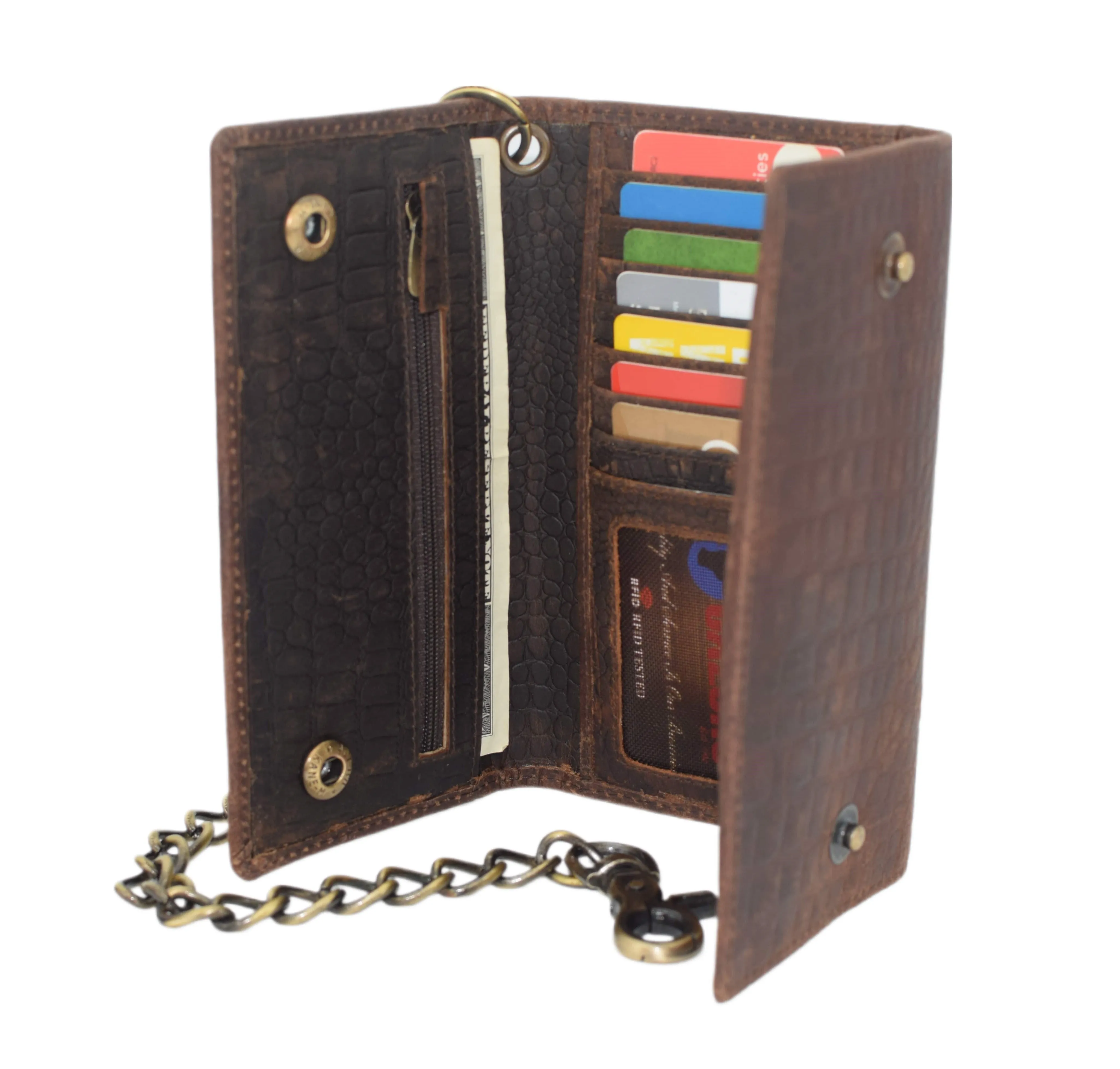 RFID Blocking Men's Biker Vintage Brown Genuine Leather Long Tri-fold Chain Wallet RFID1646HCH