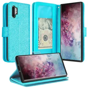 Samsung Galaxy Note 10 Case, Galaxy Note 10 Case, Glitter Faux Leather Flip Credit Card Holder Wrist Strap Shockproof Protective Wallet Case Clutch for Galaxy Note 10 - Teal