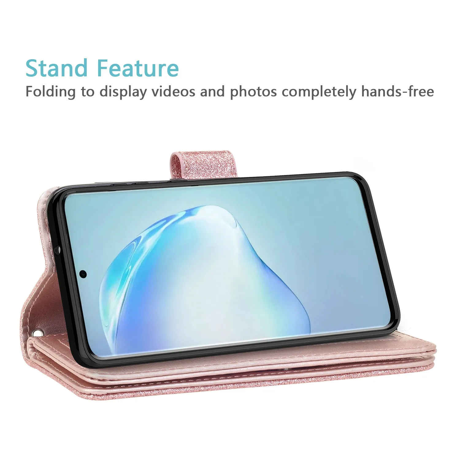 Samsung Galaxy S20 Case, Glitter Faux Leather Flip Credit Card Holder Wrist Strap Shockproof Protective Wallet Case Clutch for Galaxy S20 - Rose Gold