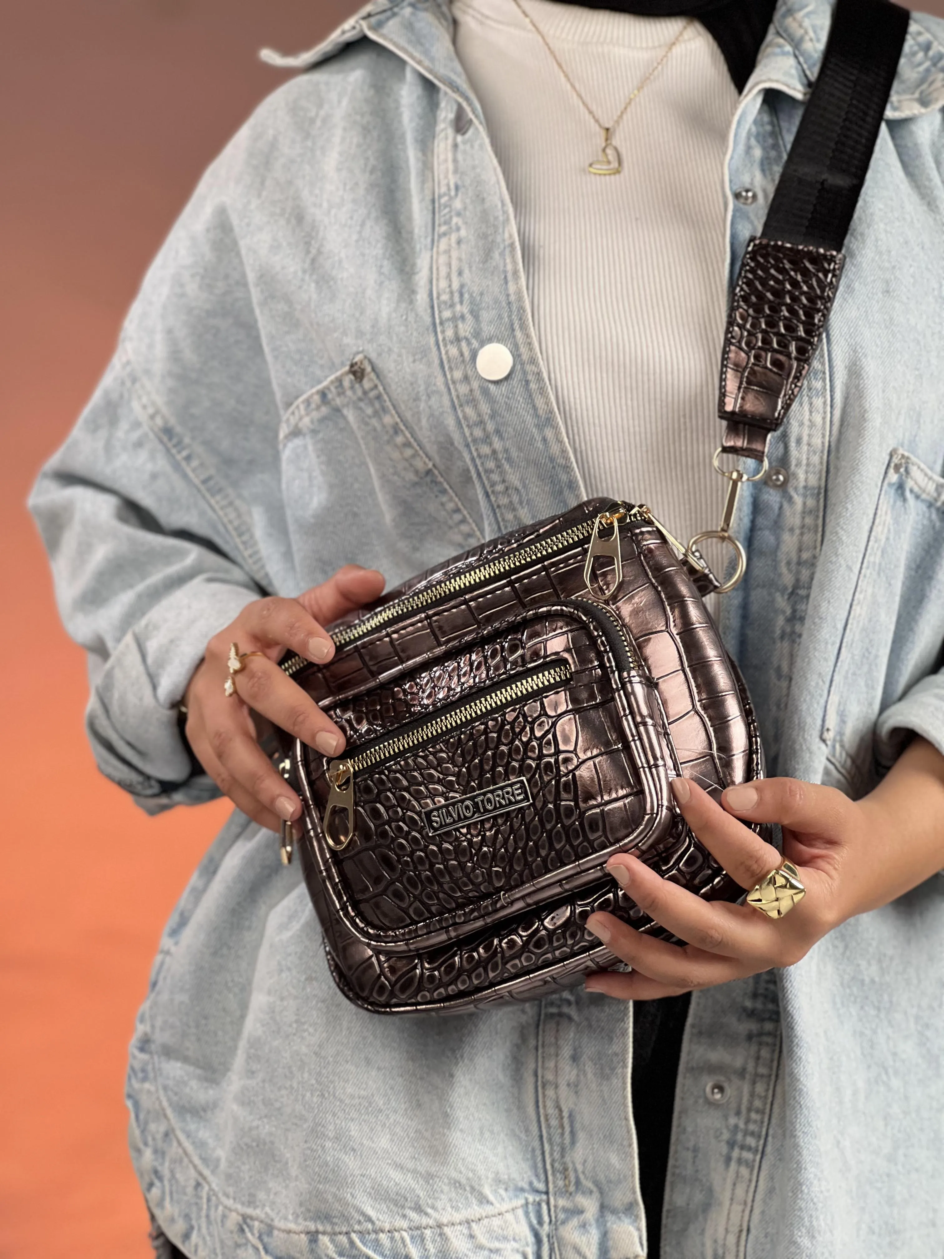 Shiny Crocodile Leather Crossbody Bag