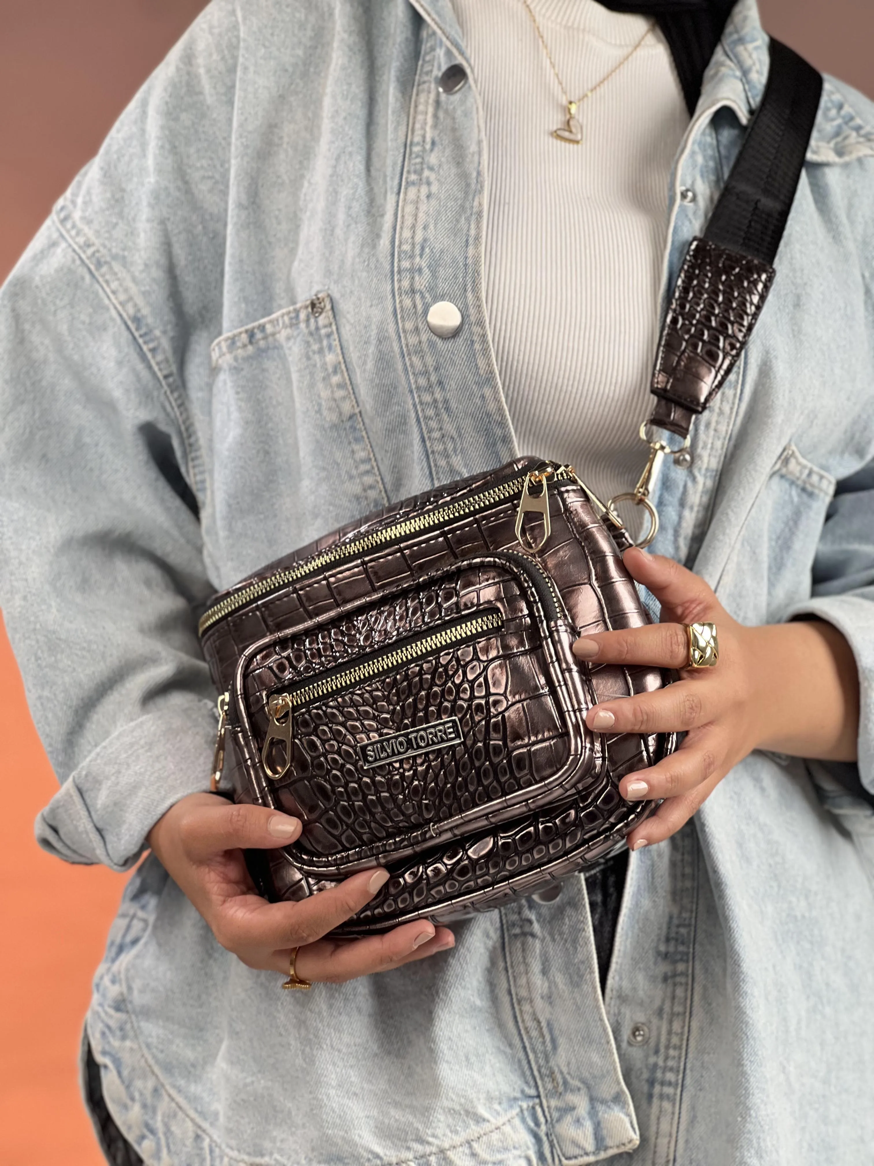 Shiny Crocodile Leather Crossbody Bag