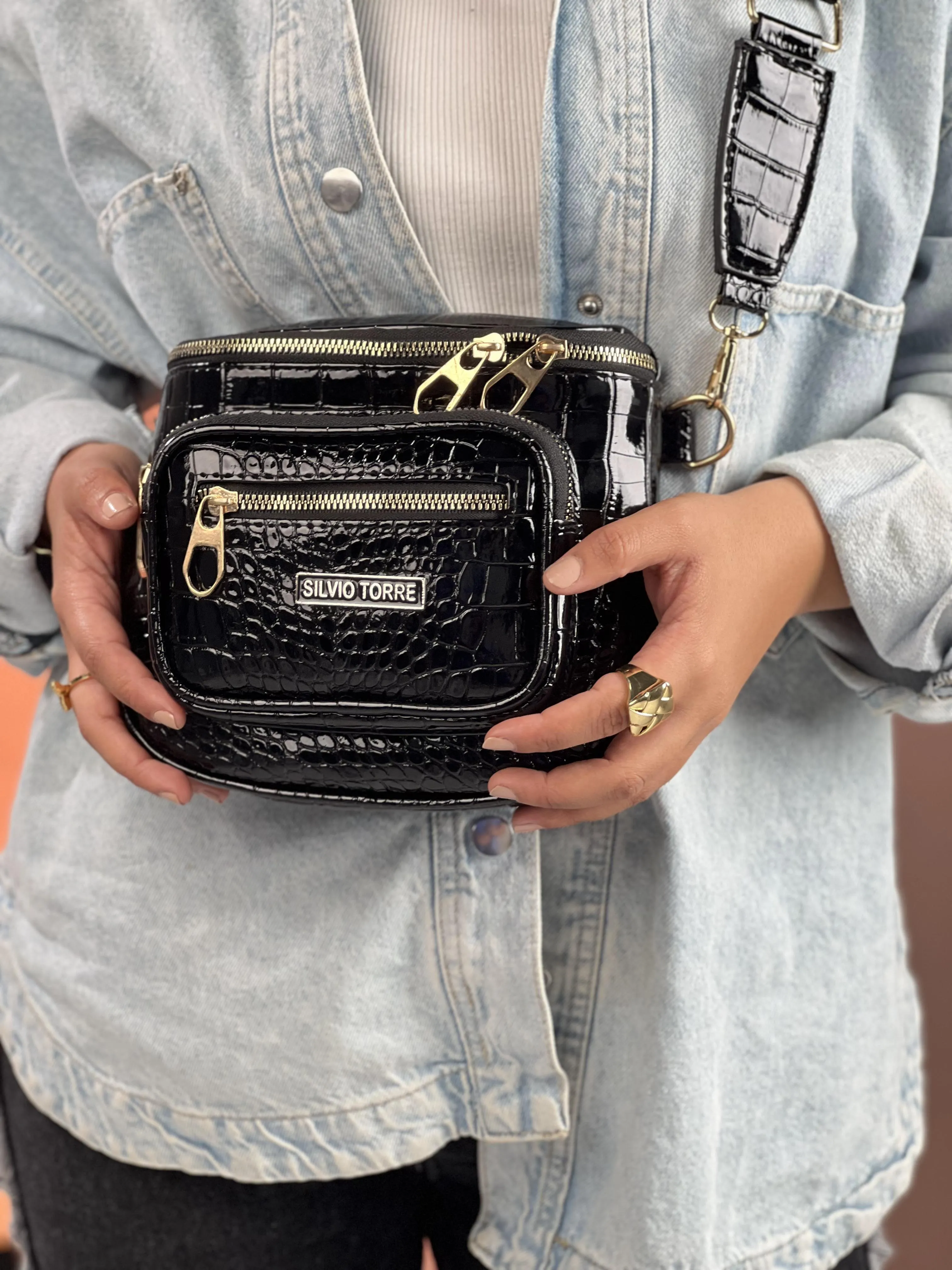 Shiny Crocodile Leather Crossbody Bag