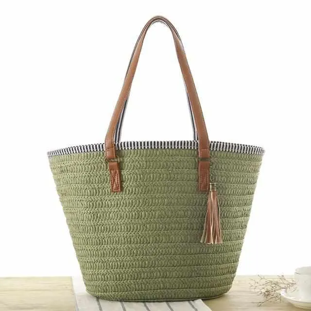 Straw Beach Tote Bag with Tassel