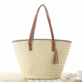 Straw Beach Tote Bag with Tassel