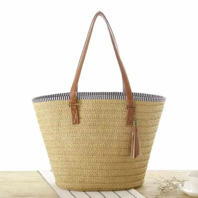 Straw Beach Tote Bag with Tassel